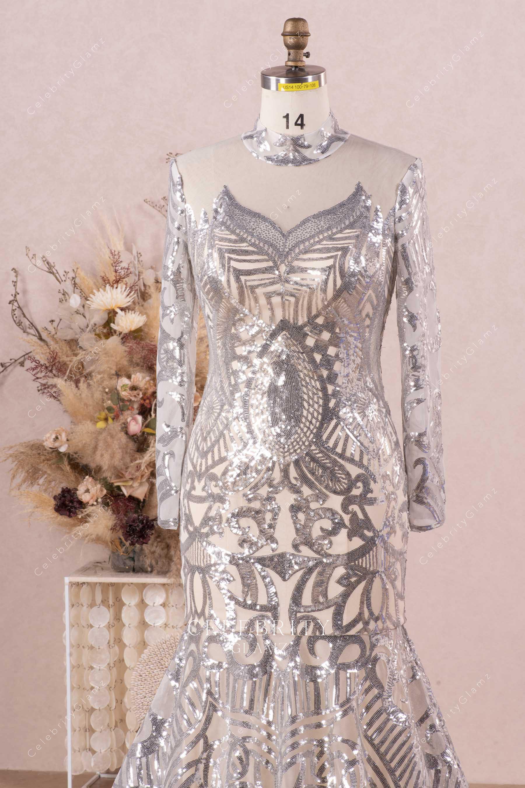 high neck sparkly sequin prom dress