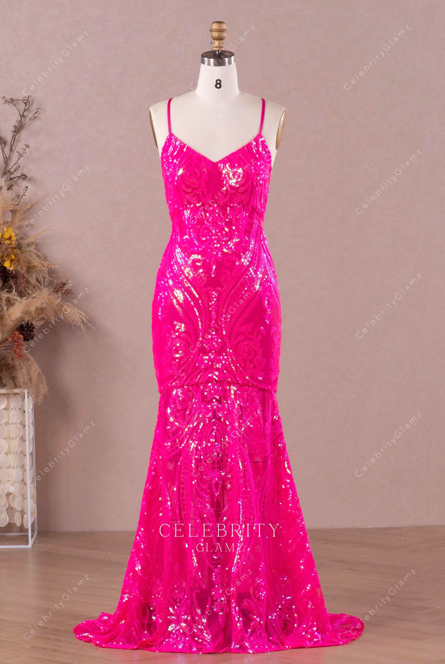 hot pink glitter fit flare prom dress