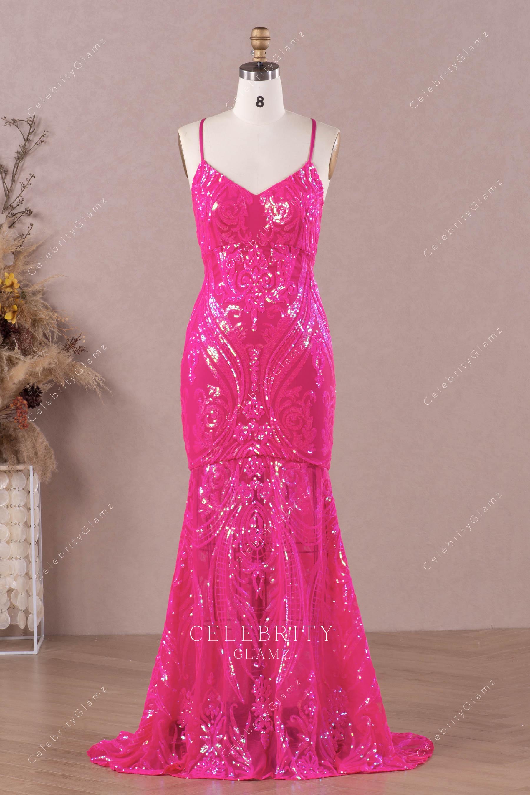hot pink glitter fit flare prom dress