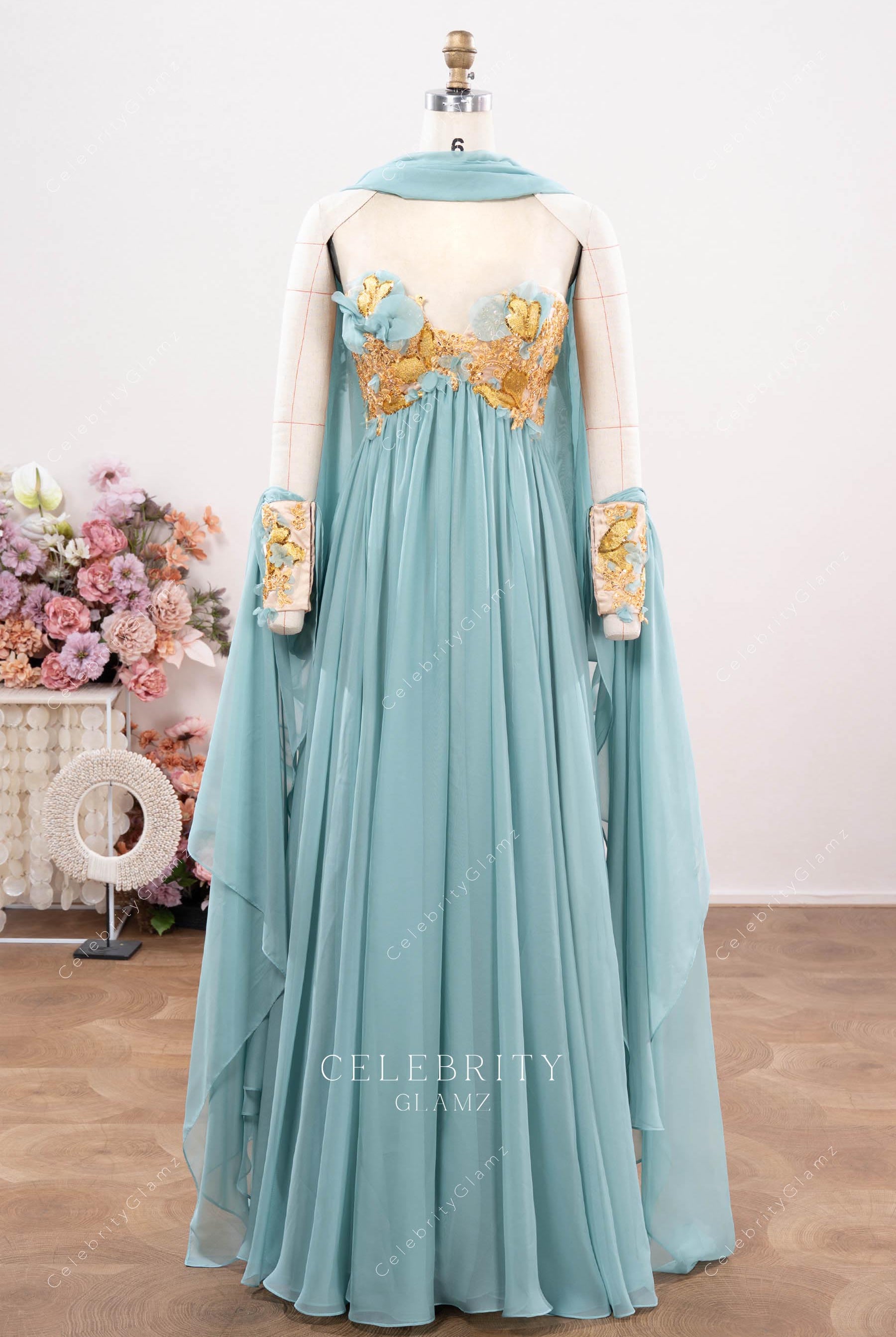 ice blue chiffon pleated formal dress