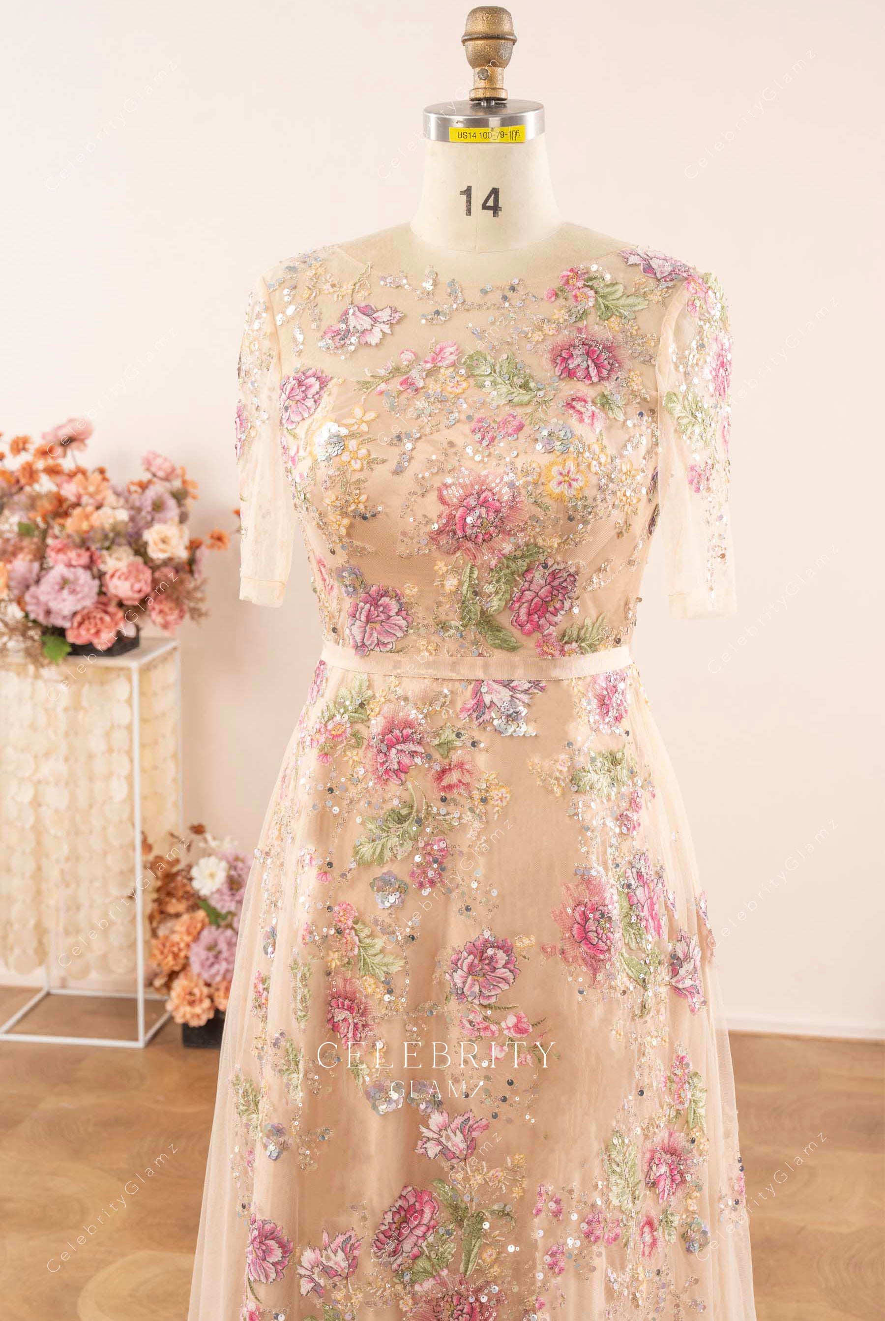 illusion short sleeves mother of bride dress