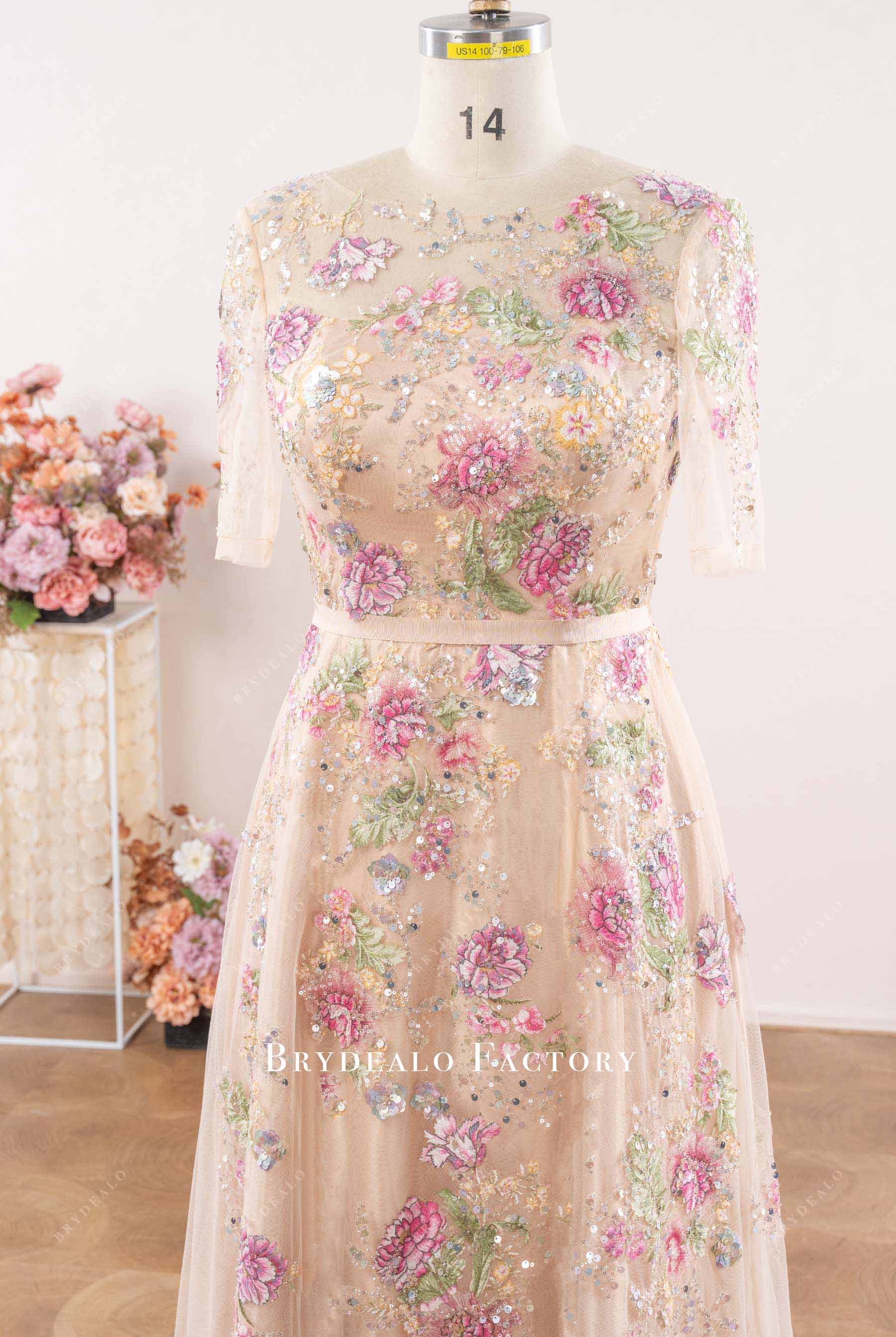 illusion short sleeves mother of bride dress