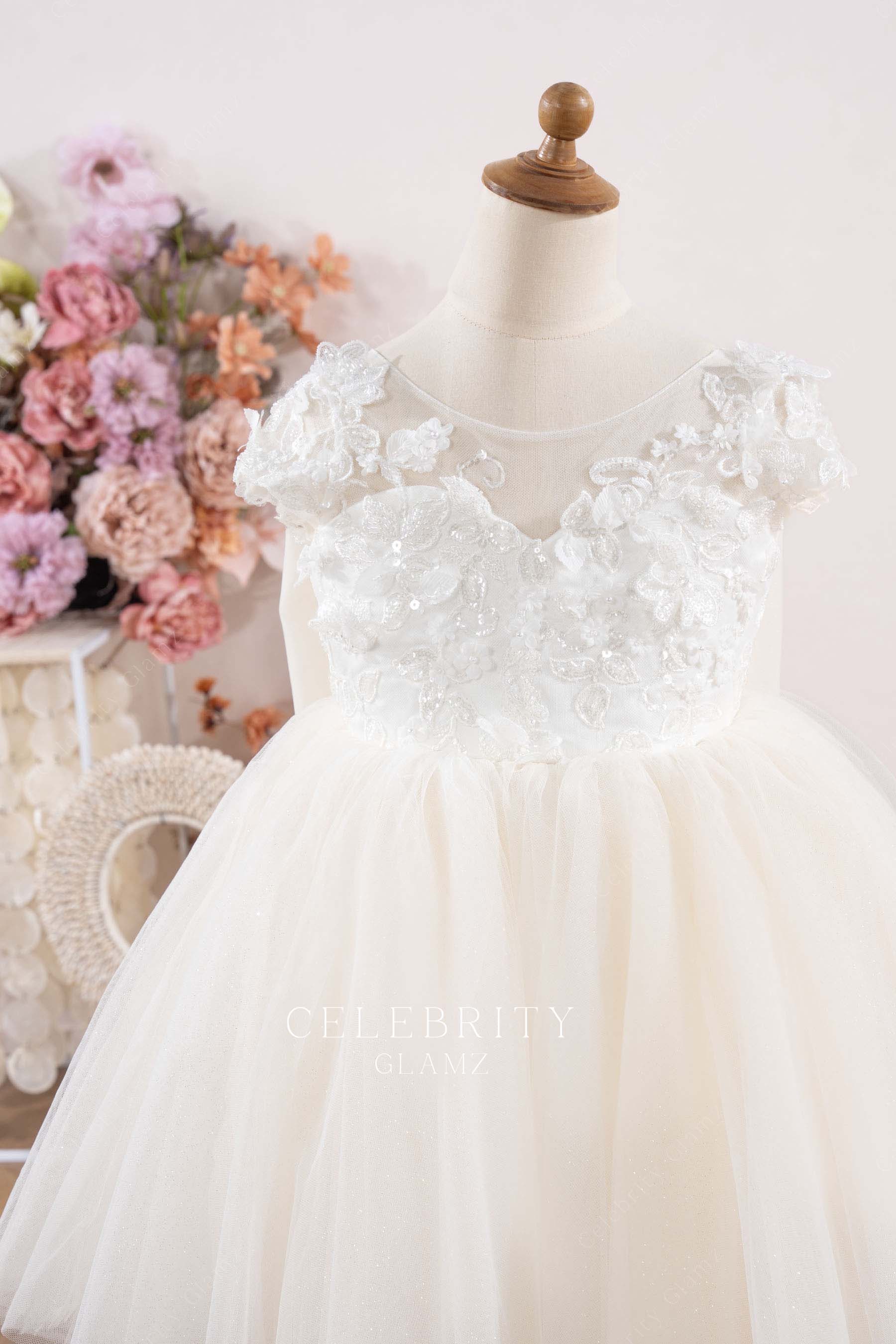 illusion boat neck flower girl dress