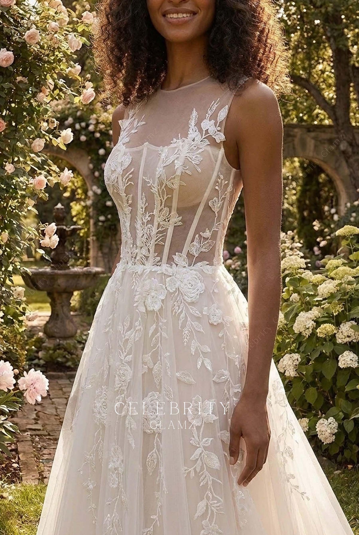 illusion buttoned back wedding dress