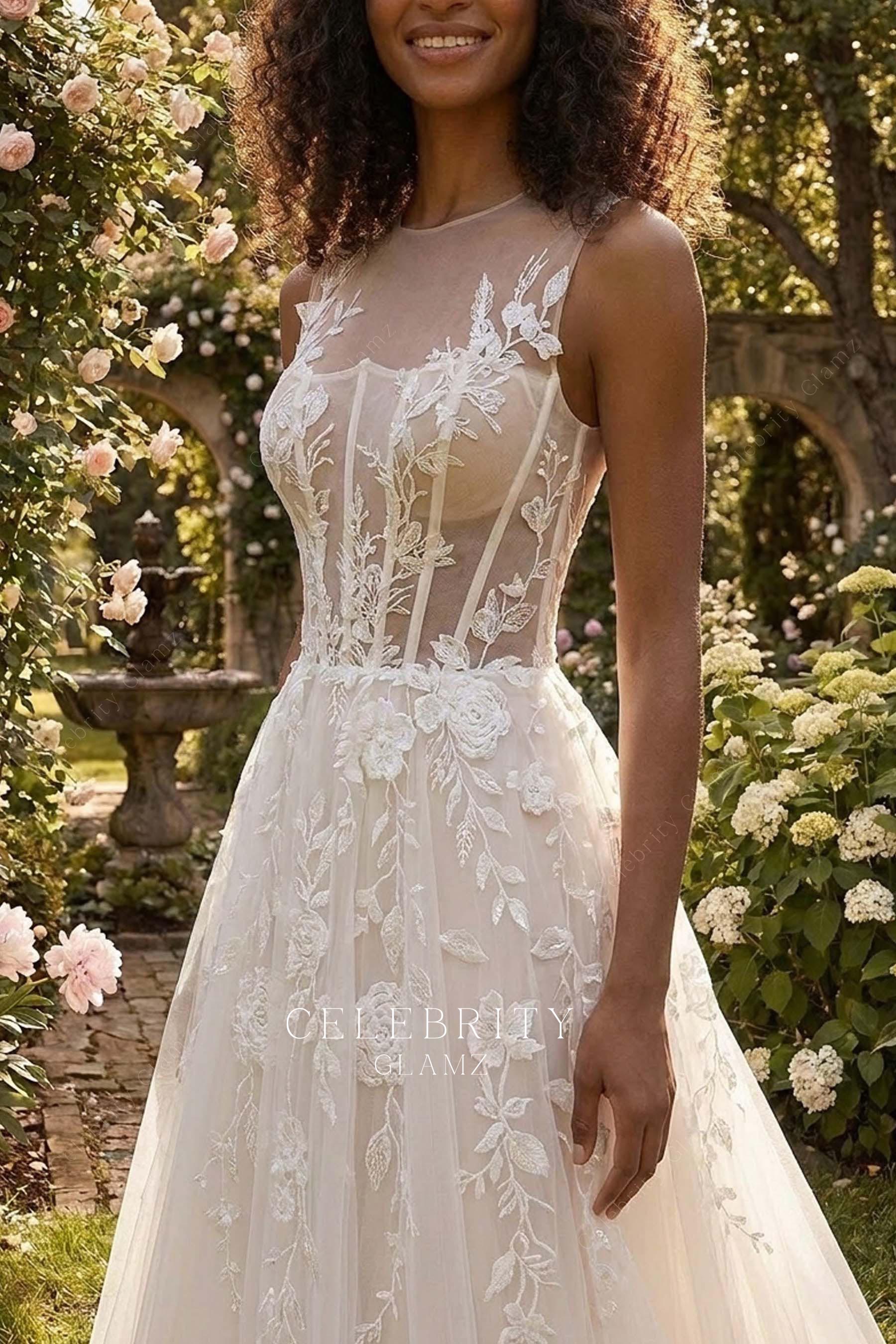 illusion buttoned back wedding dress