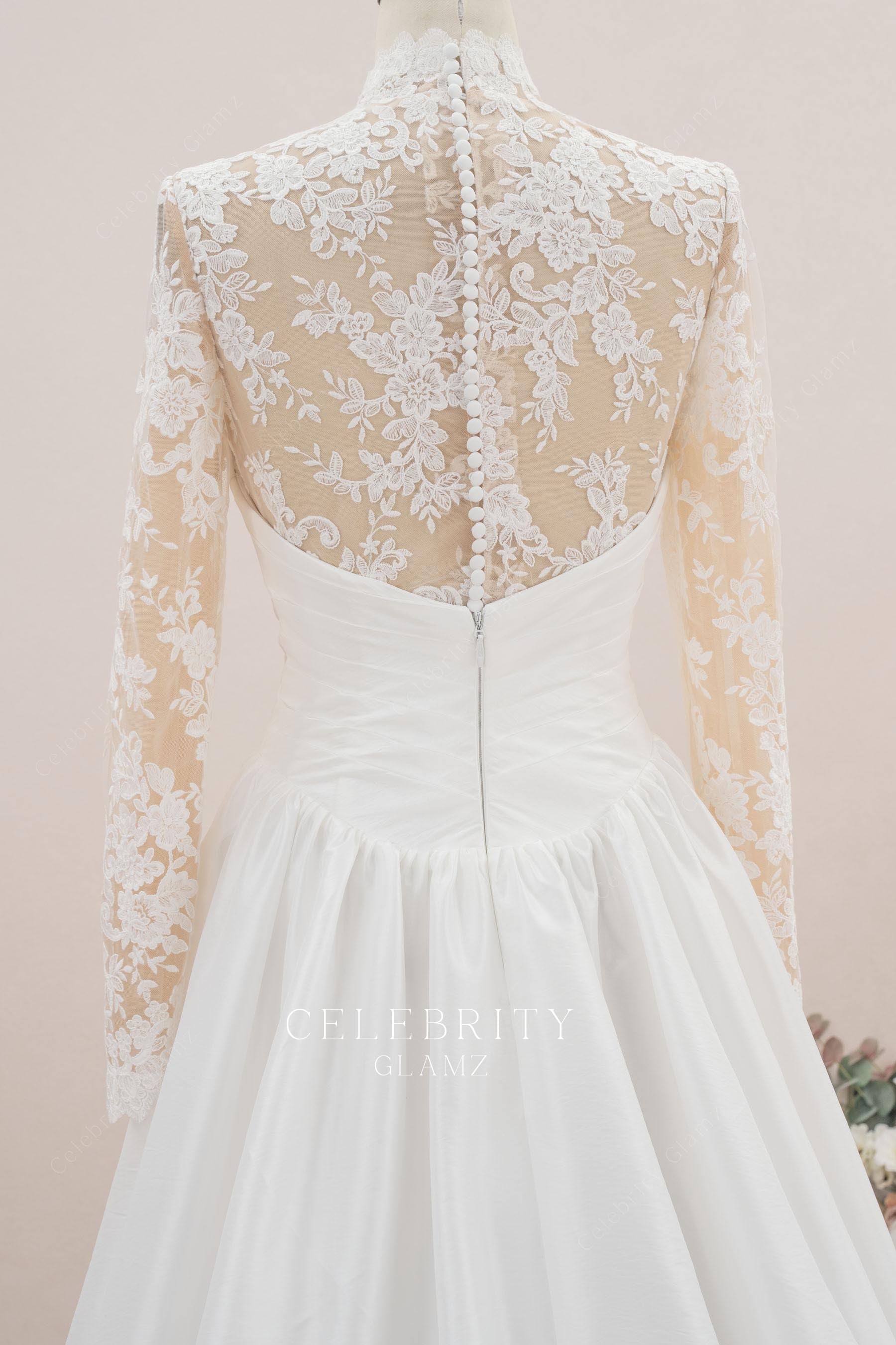 illusion lace buttoned back wedding dress