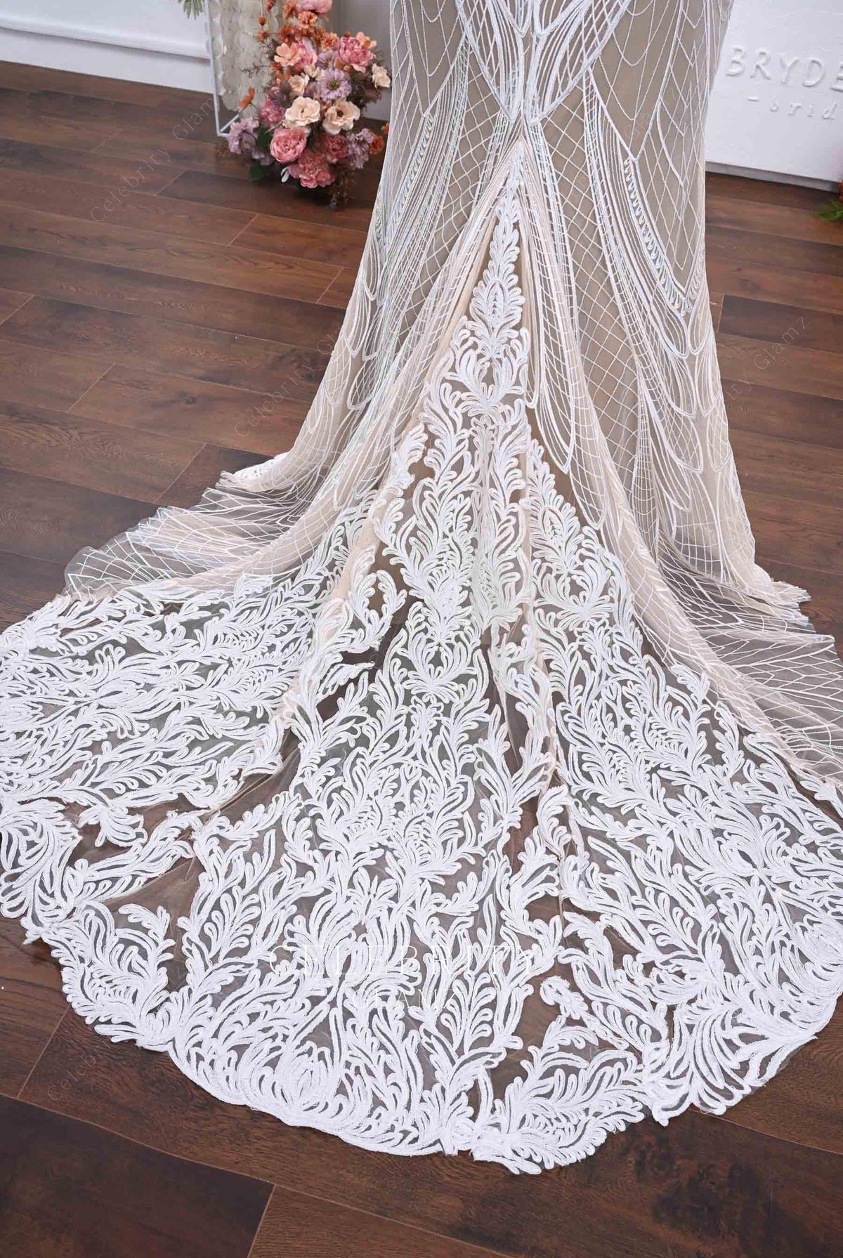 illusion lace godet train wedding dress