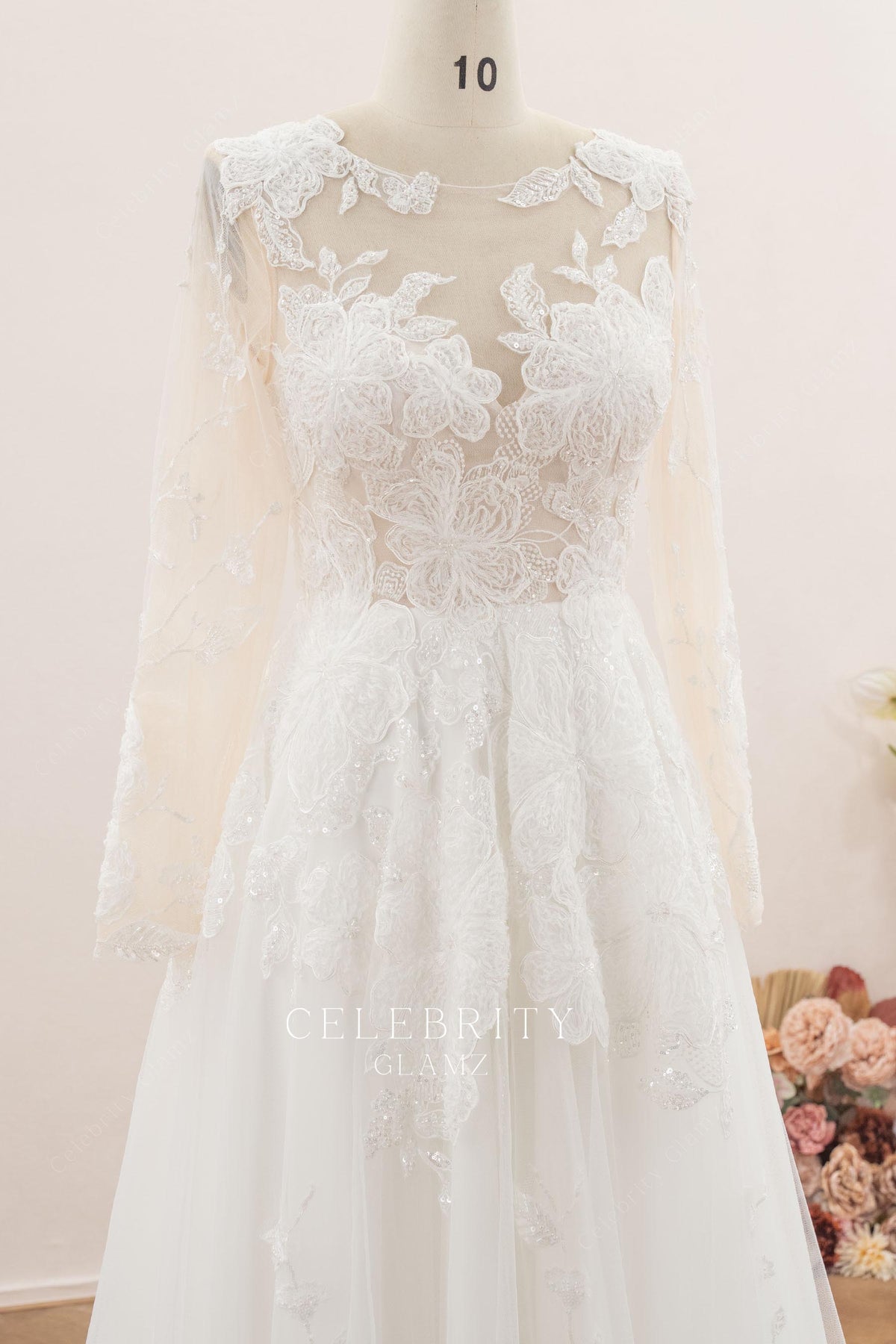 illusion long sleeve wedding dress