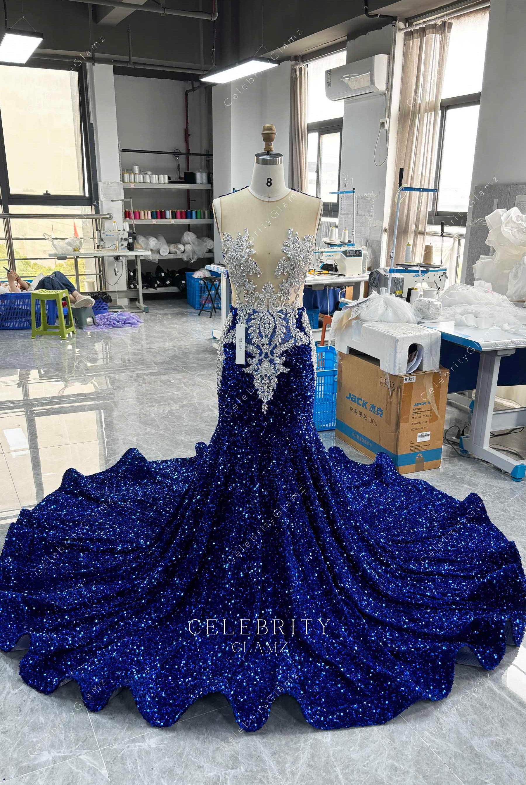 illusion neck royal blue trumpet prom dress