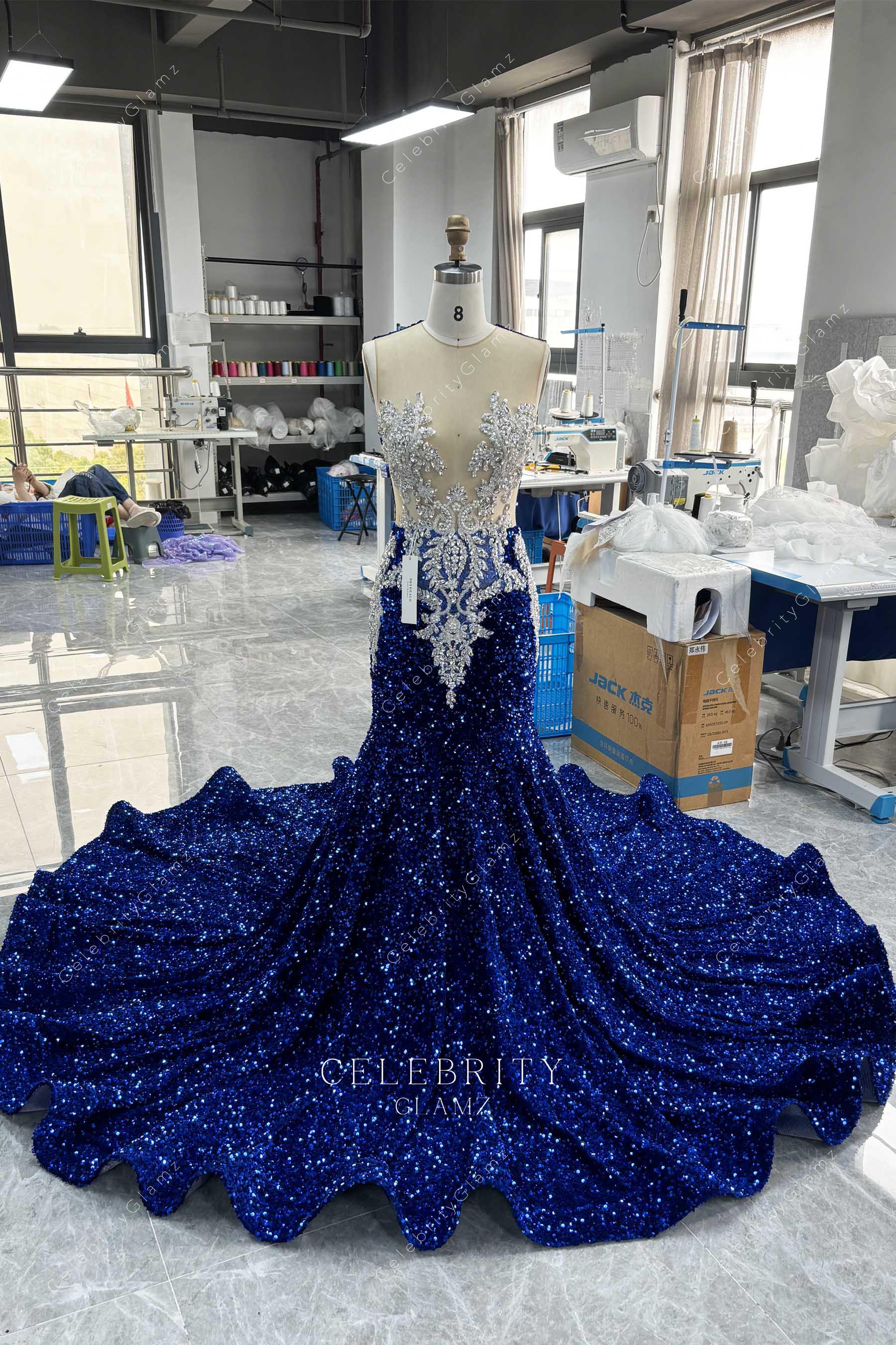 illusion neck royal blue trumpet prom dress