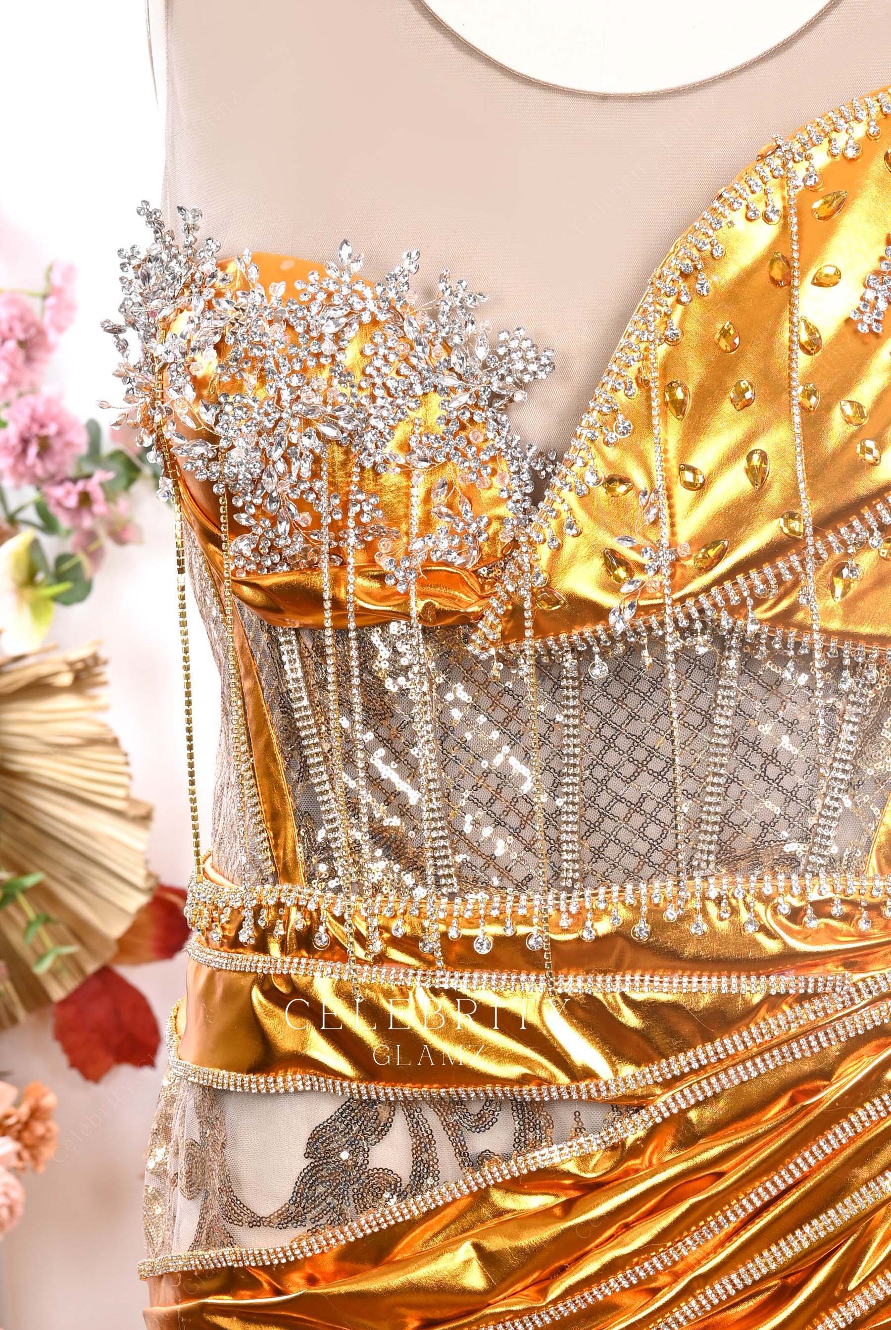 illusion neck tassels gold prom dress