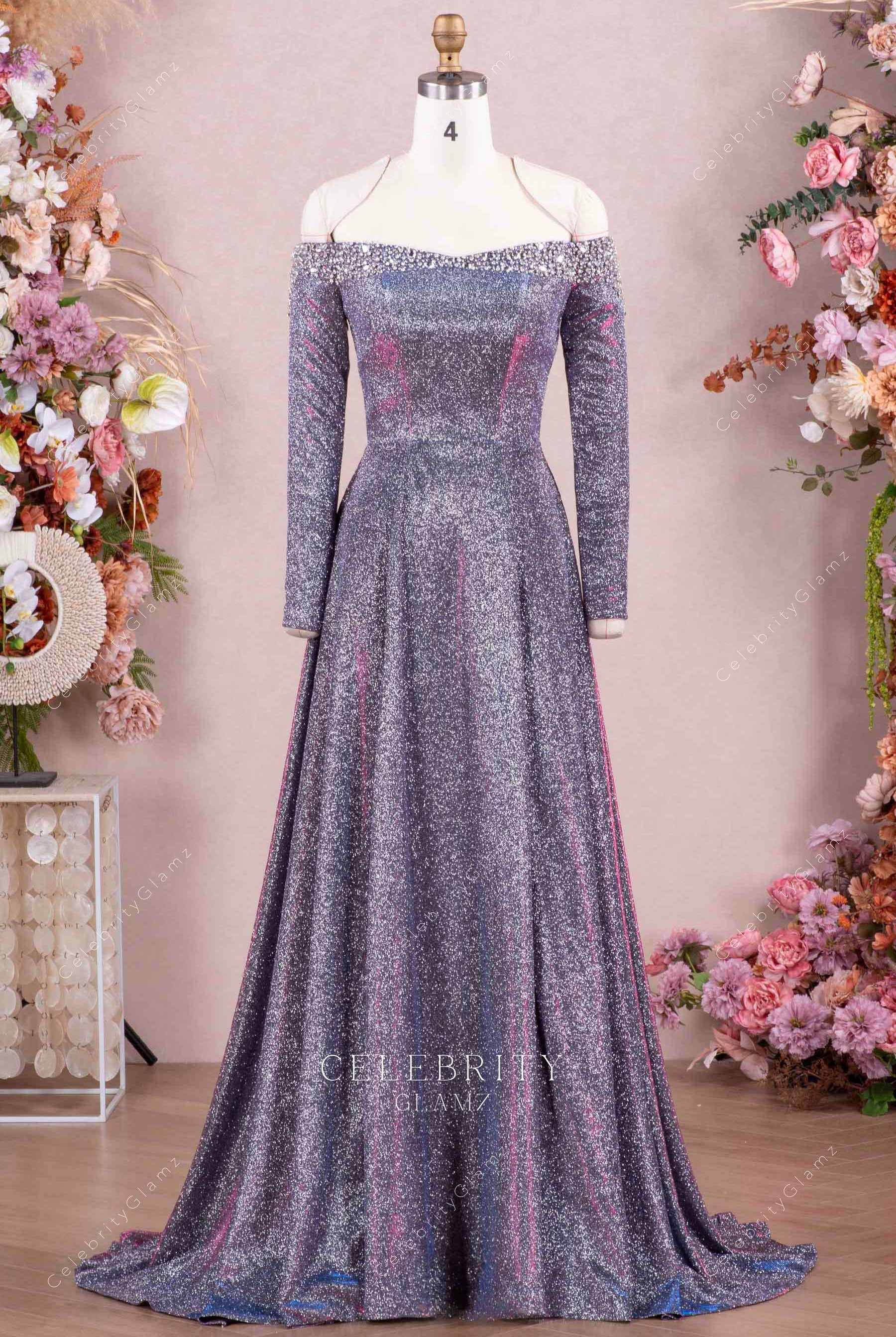iridescent glitter a line formal dress