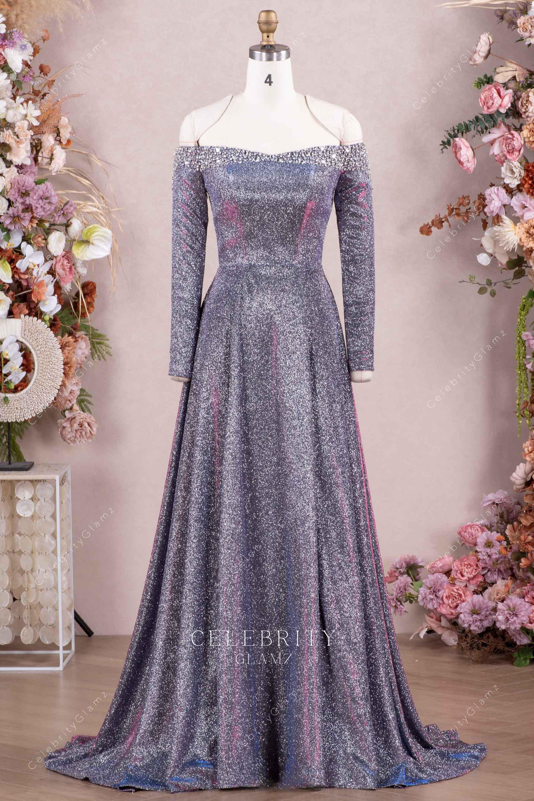iridescent glitter a line formal dress