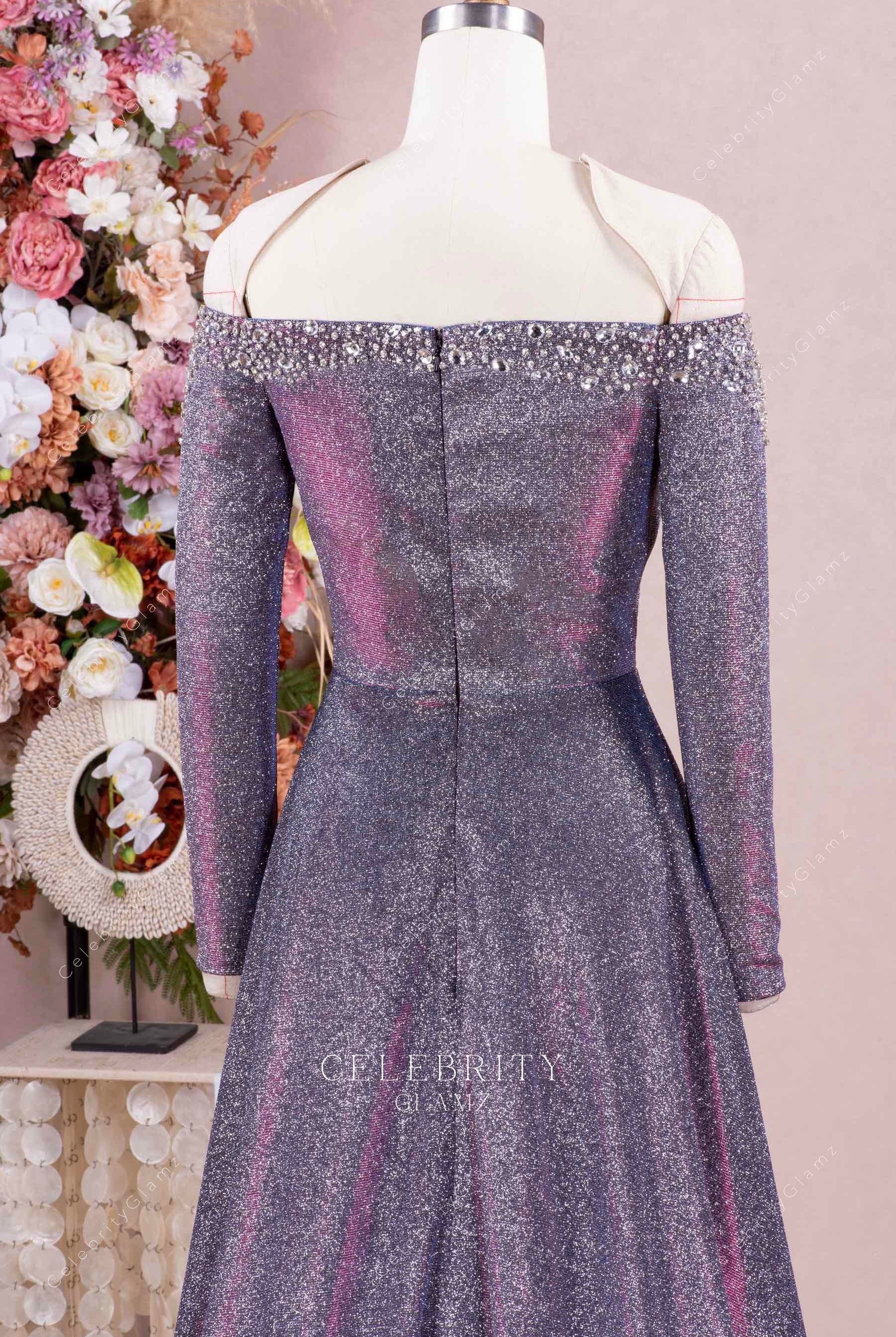 iridescent glitter long sleeves formal dress