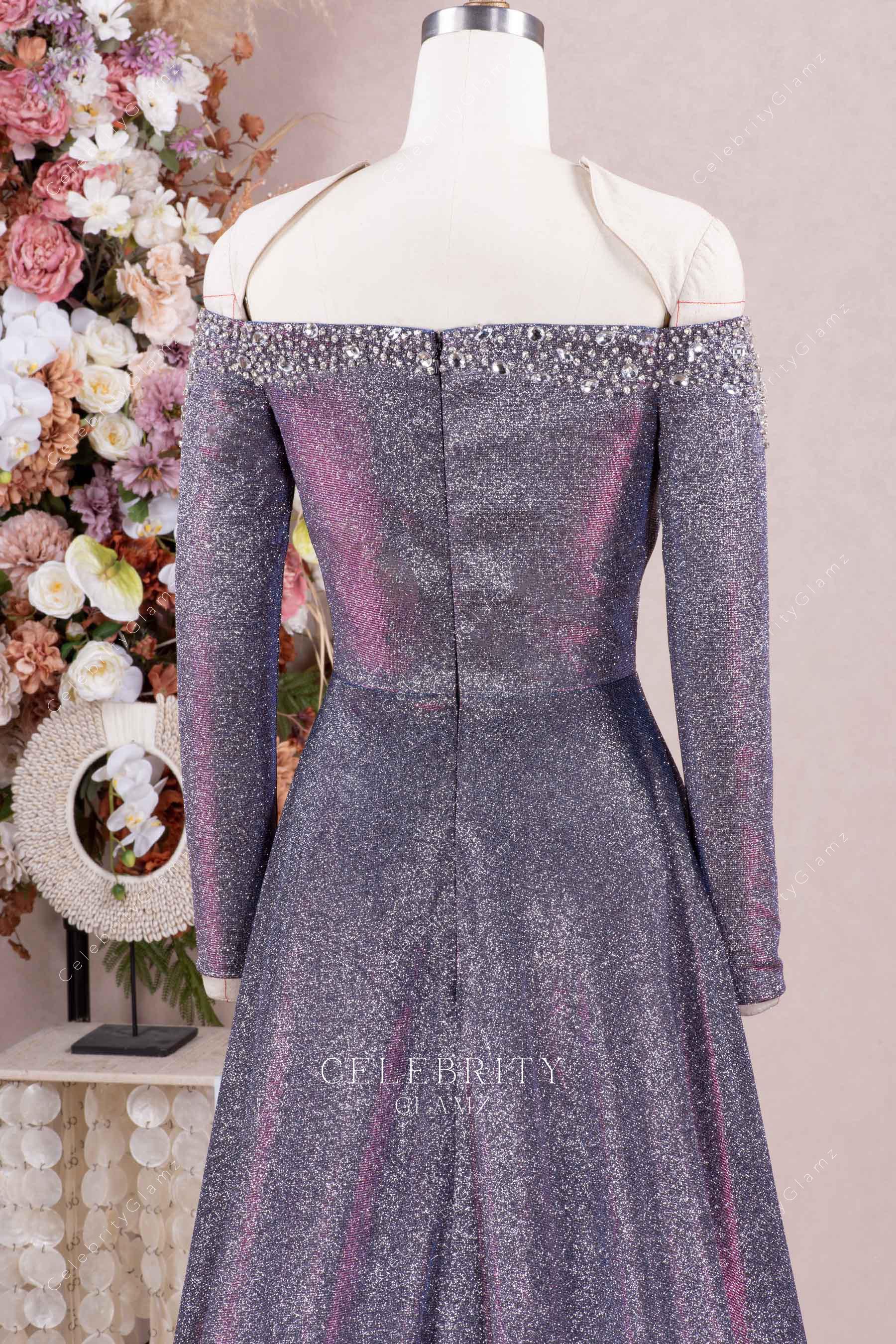 iridescent glitter long sleeves formal dress