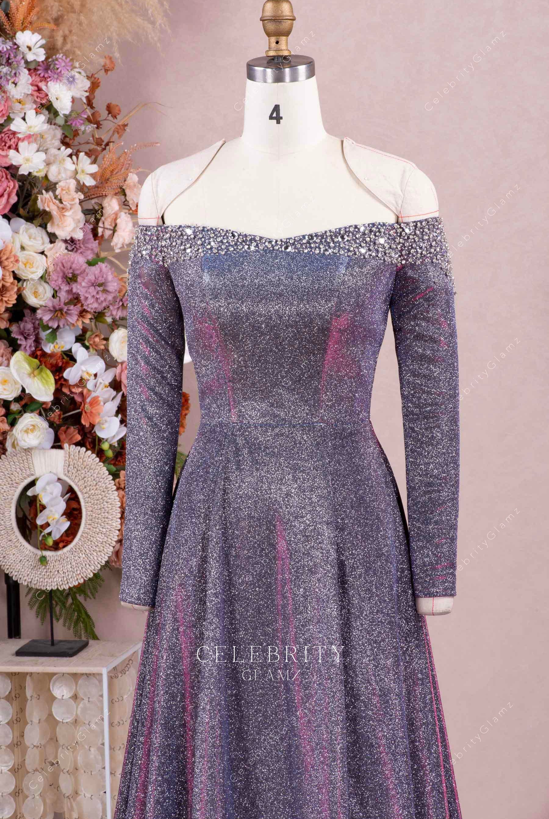 iridescent glitter off shoulder prom dress