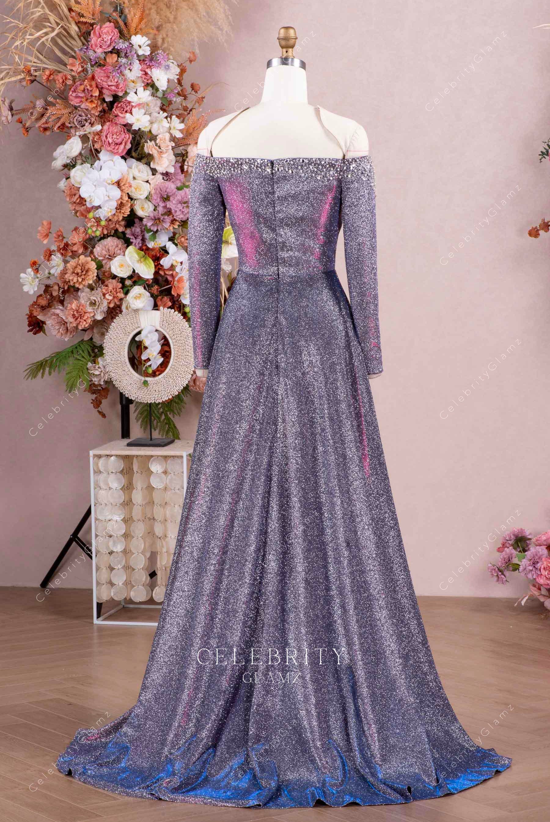 iridescent glitter sweep train formal dress