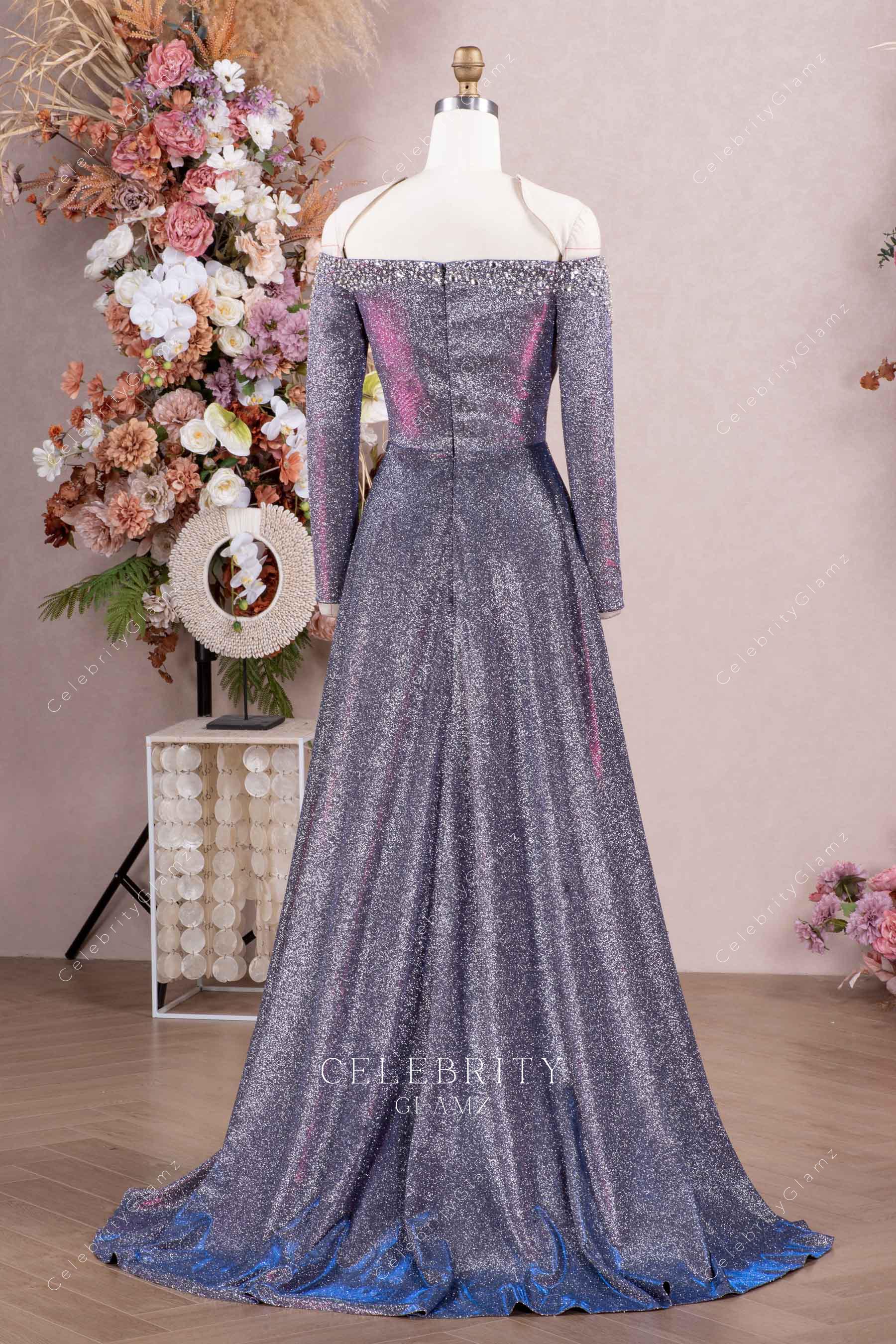iridescent glitter sweep train formal dress