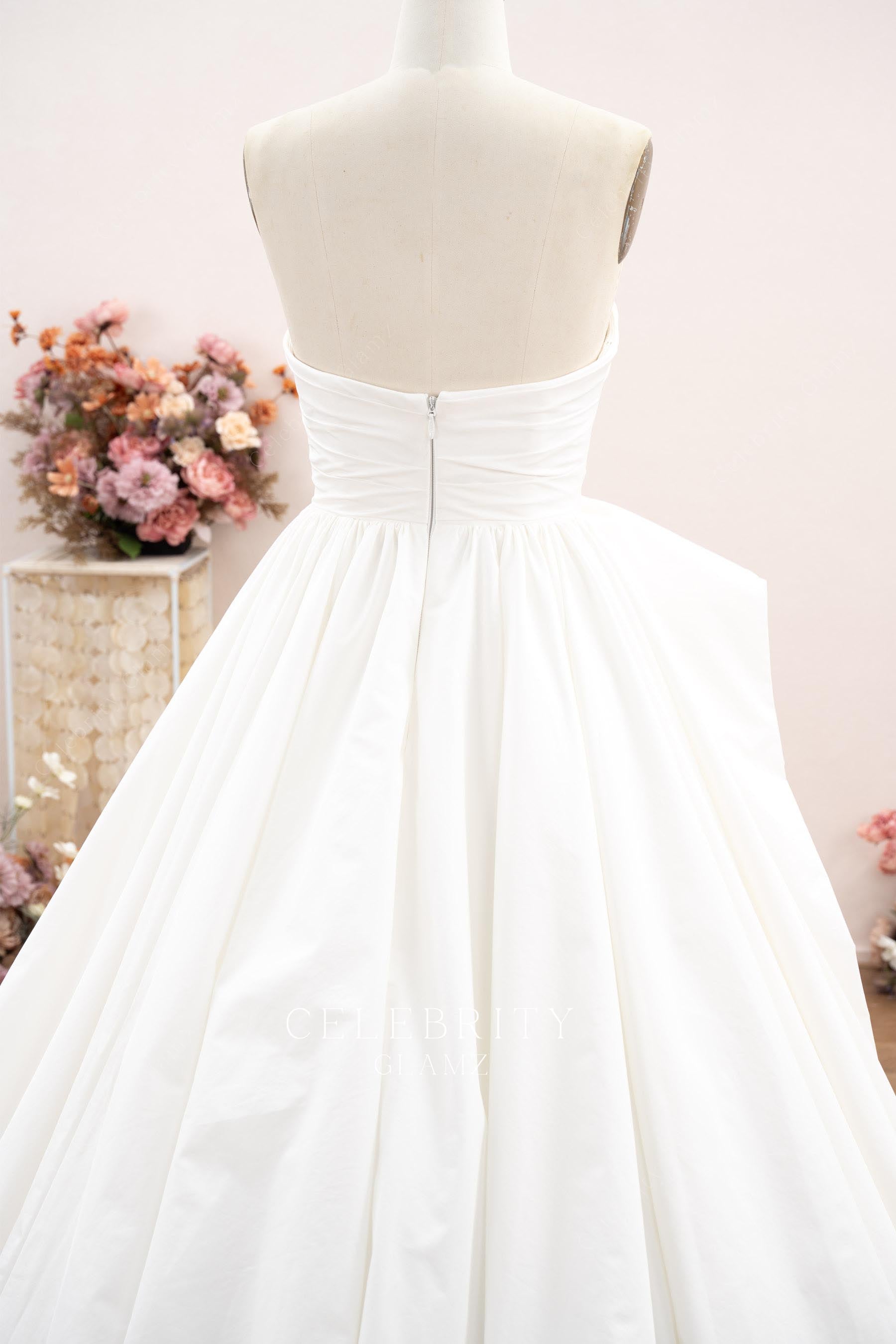 ivory taffeta open back wedding dress