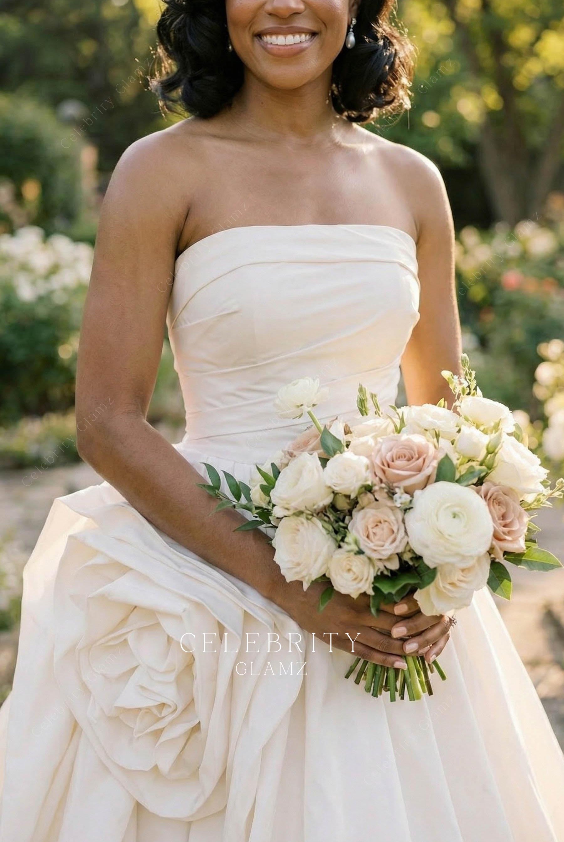 ivory taffeta straight across wedding dress
