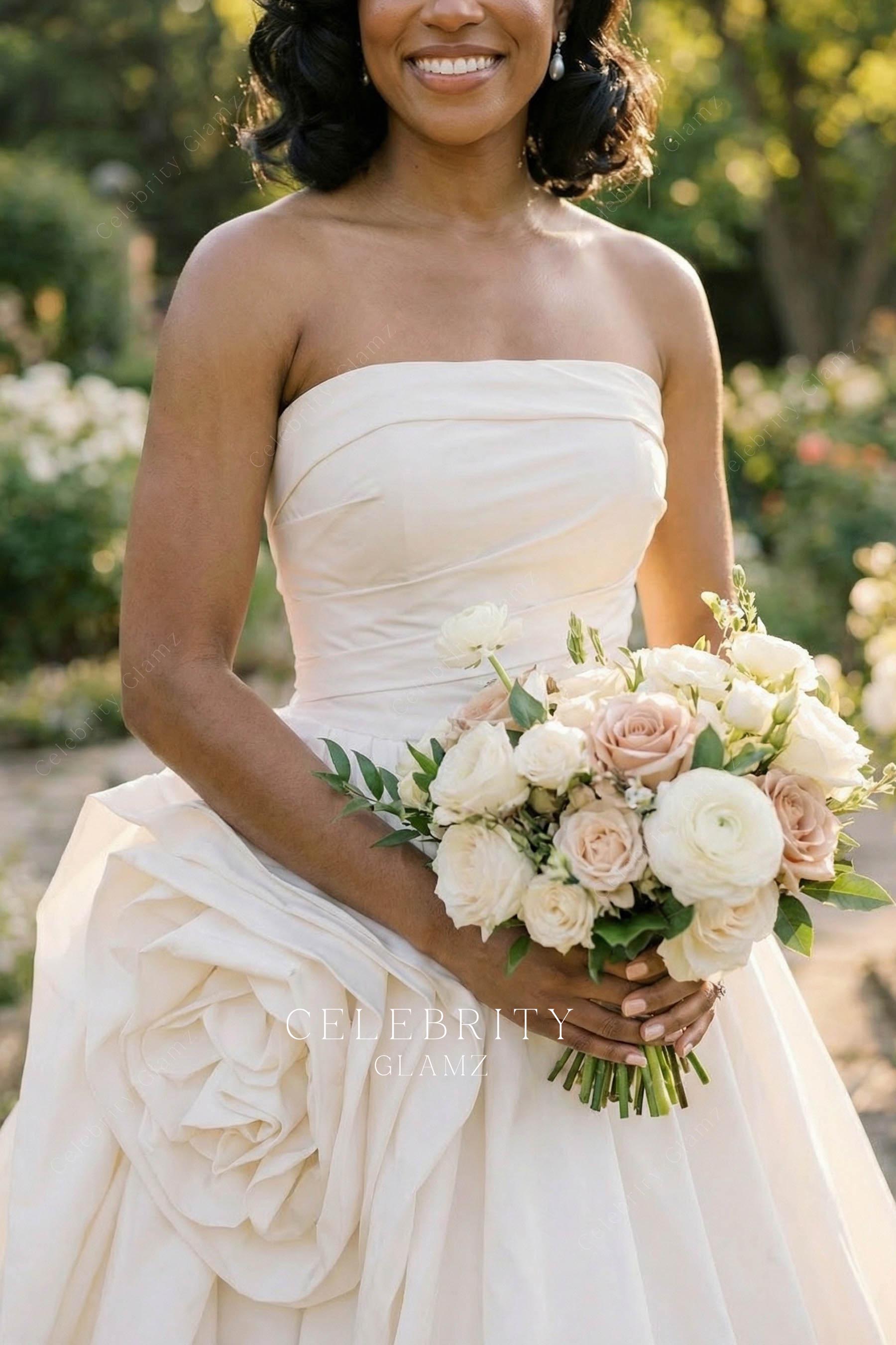 ivory taffeta straight across wedding dress