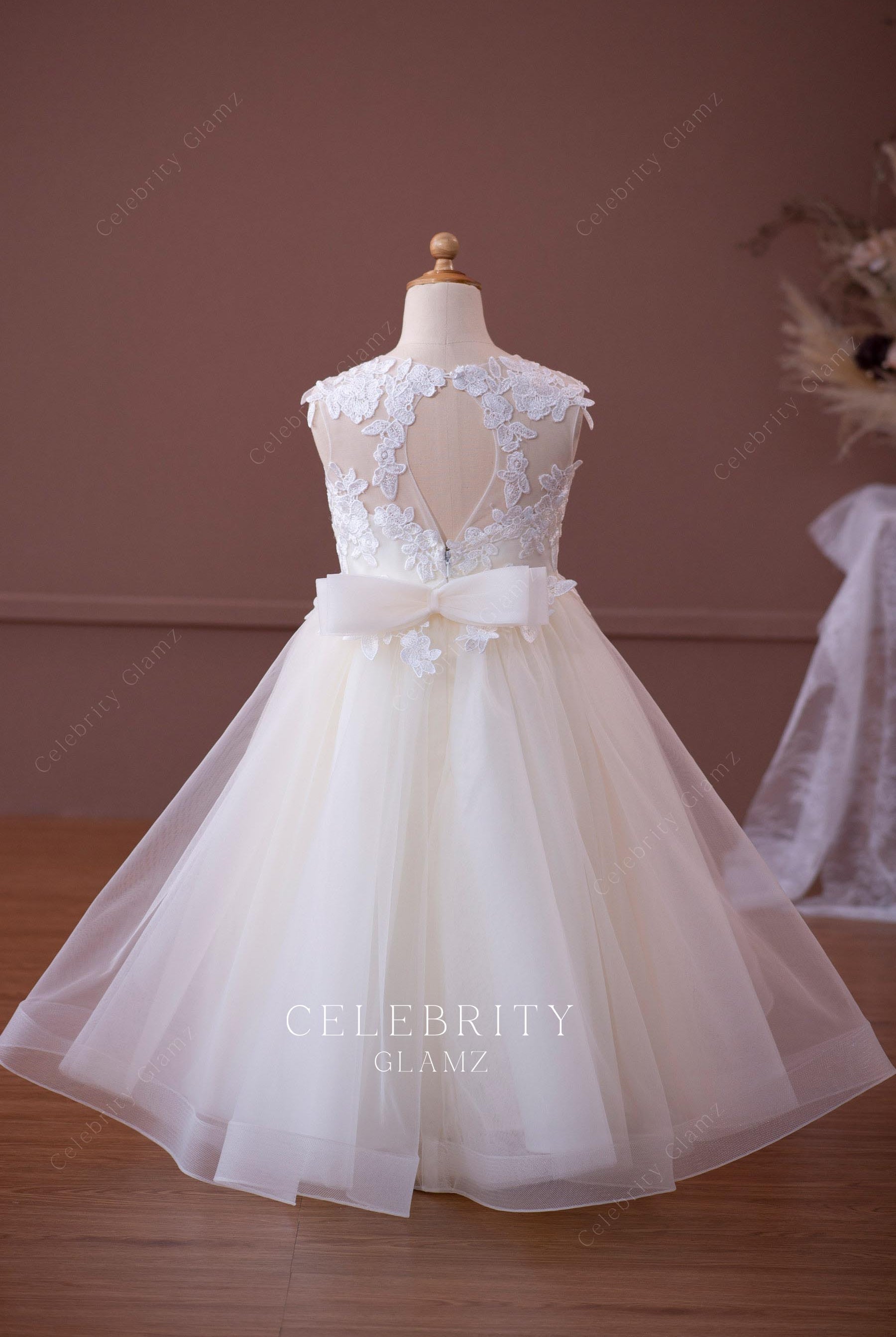 ivory tulle back bowknot flower girl dress
