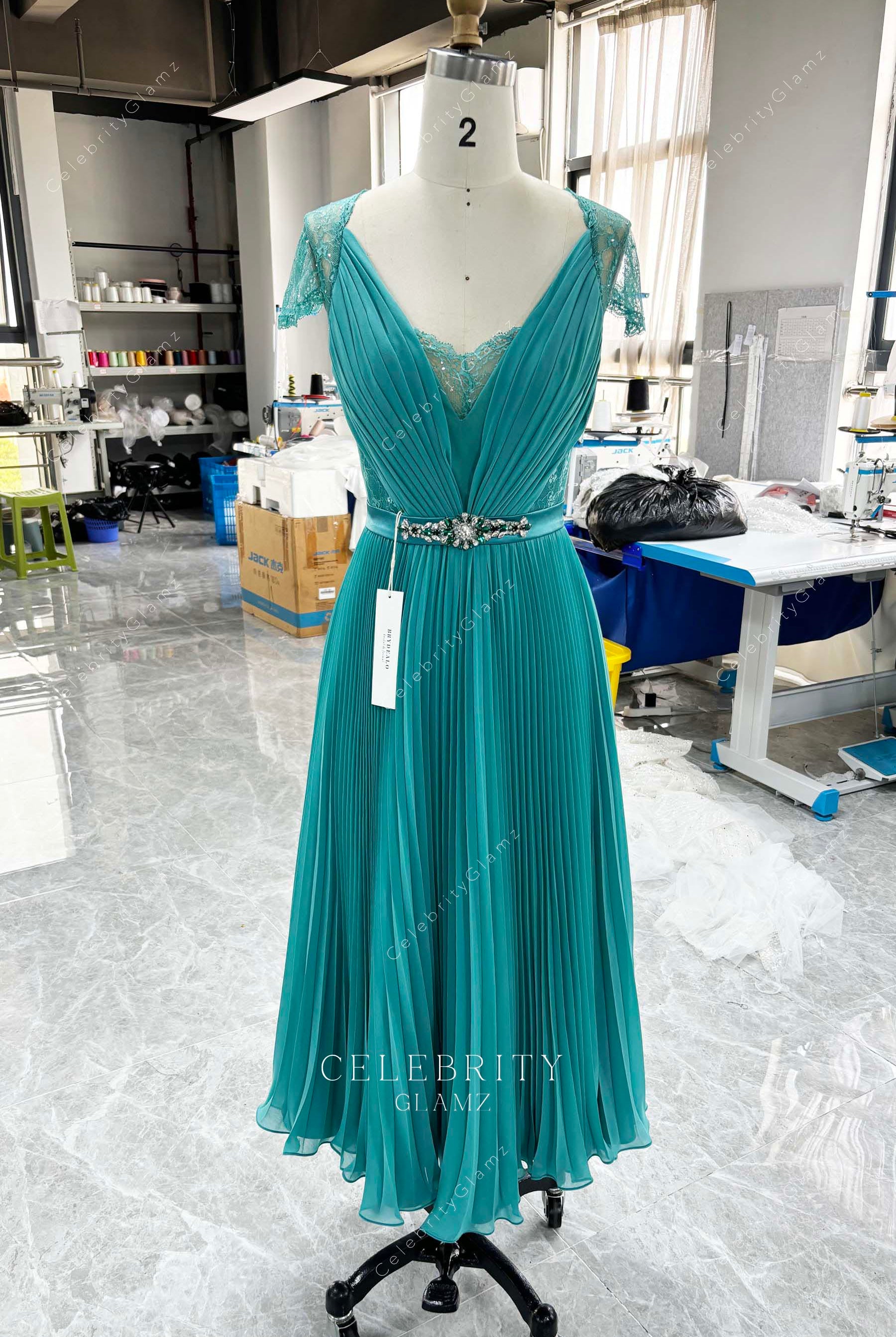 jade chiffon lace midi bridesmaid dress