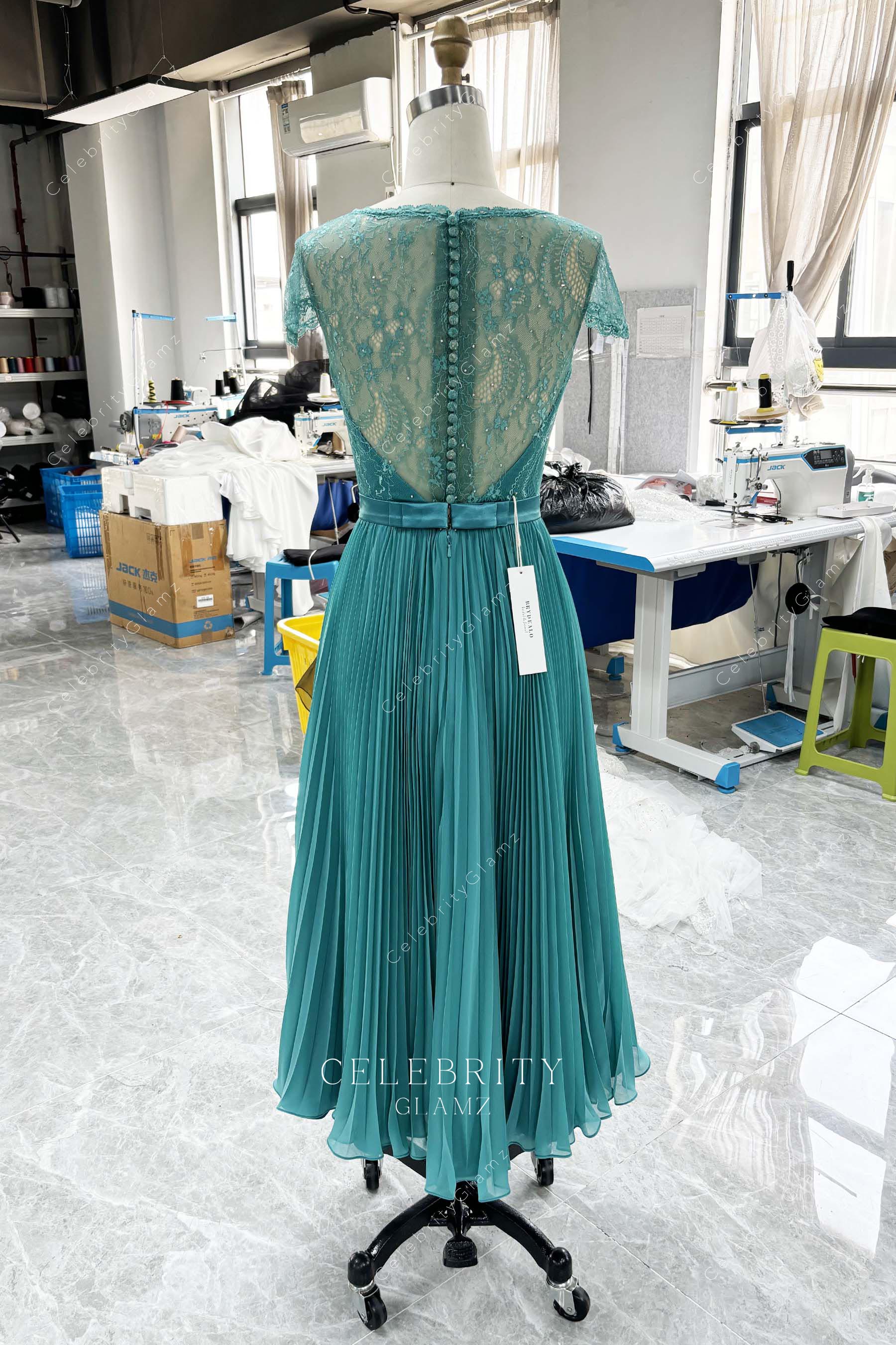 jade chiffon tea length bridesmaid dress