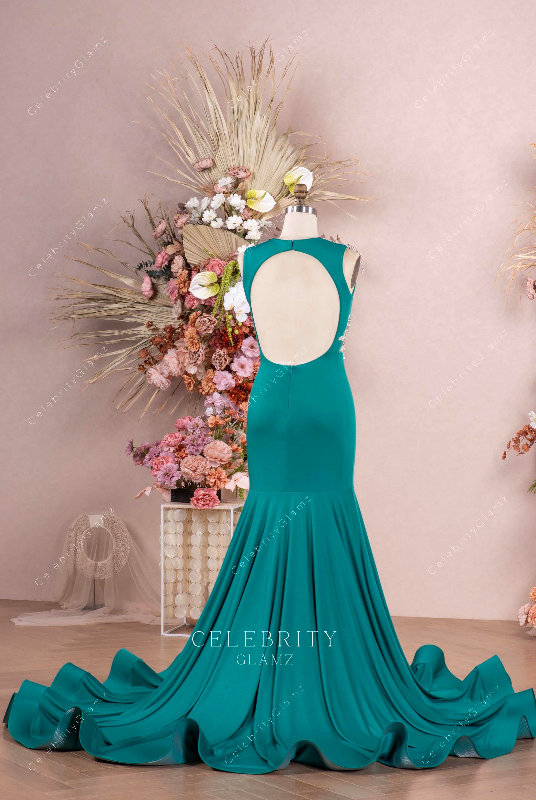 jade green open back prom dress