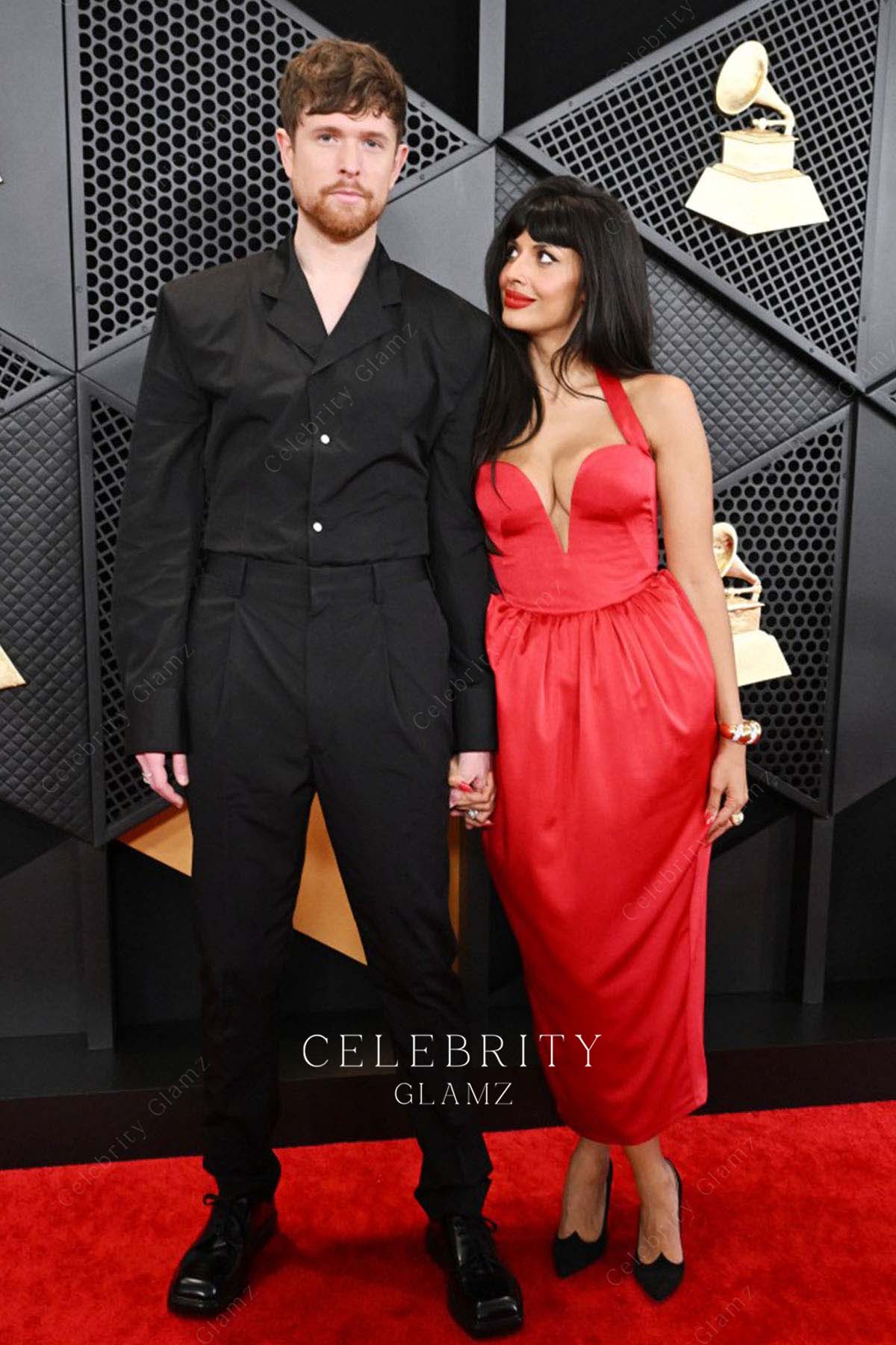 Jameela Jamil v neck prom dress Grammys red carpet 2024