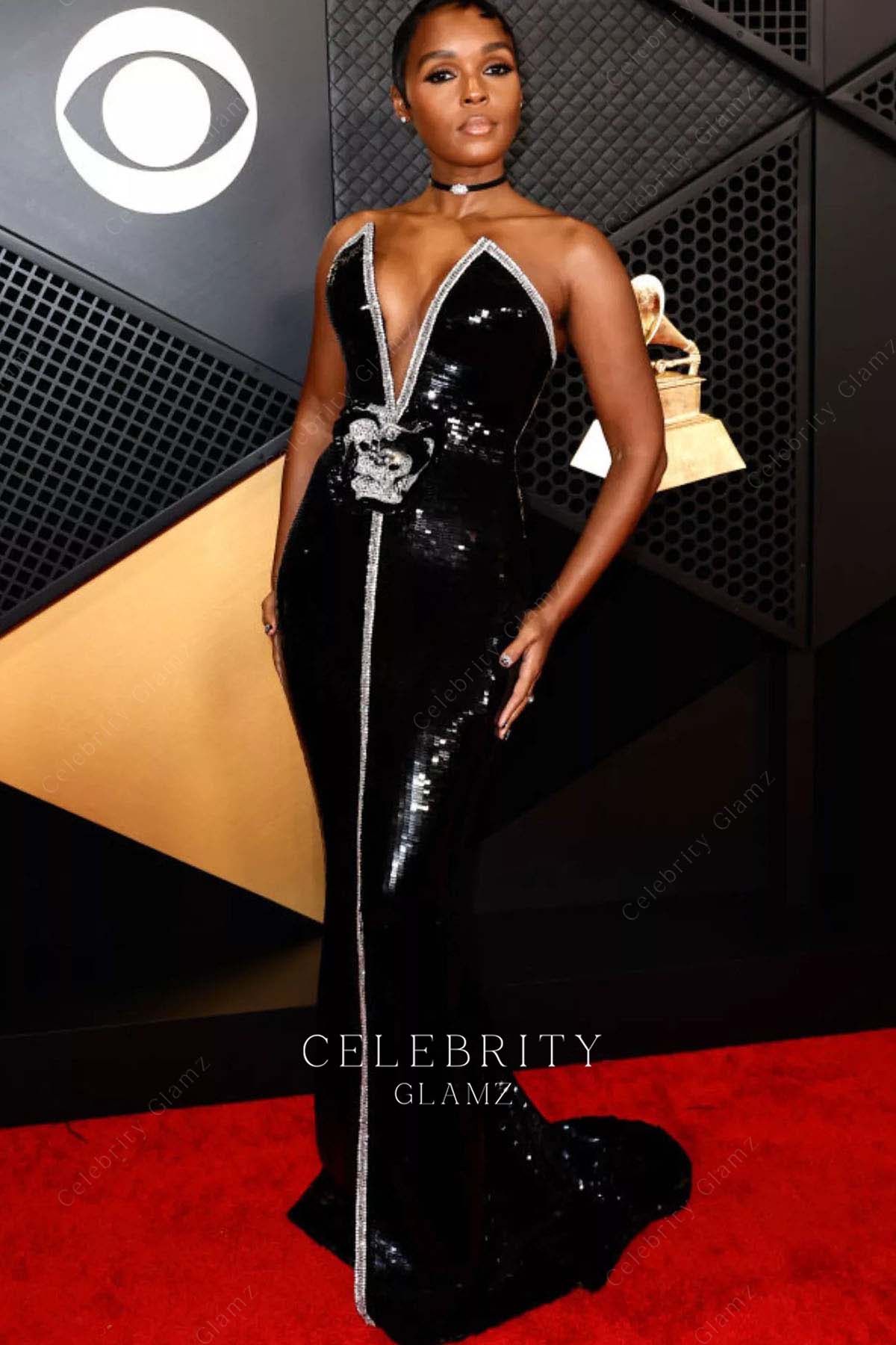 Janelle Monáe black glitter mermaid prom dress Grammys red carpet 2024