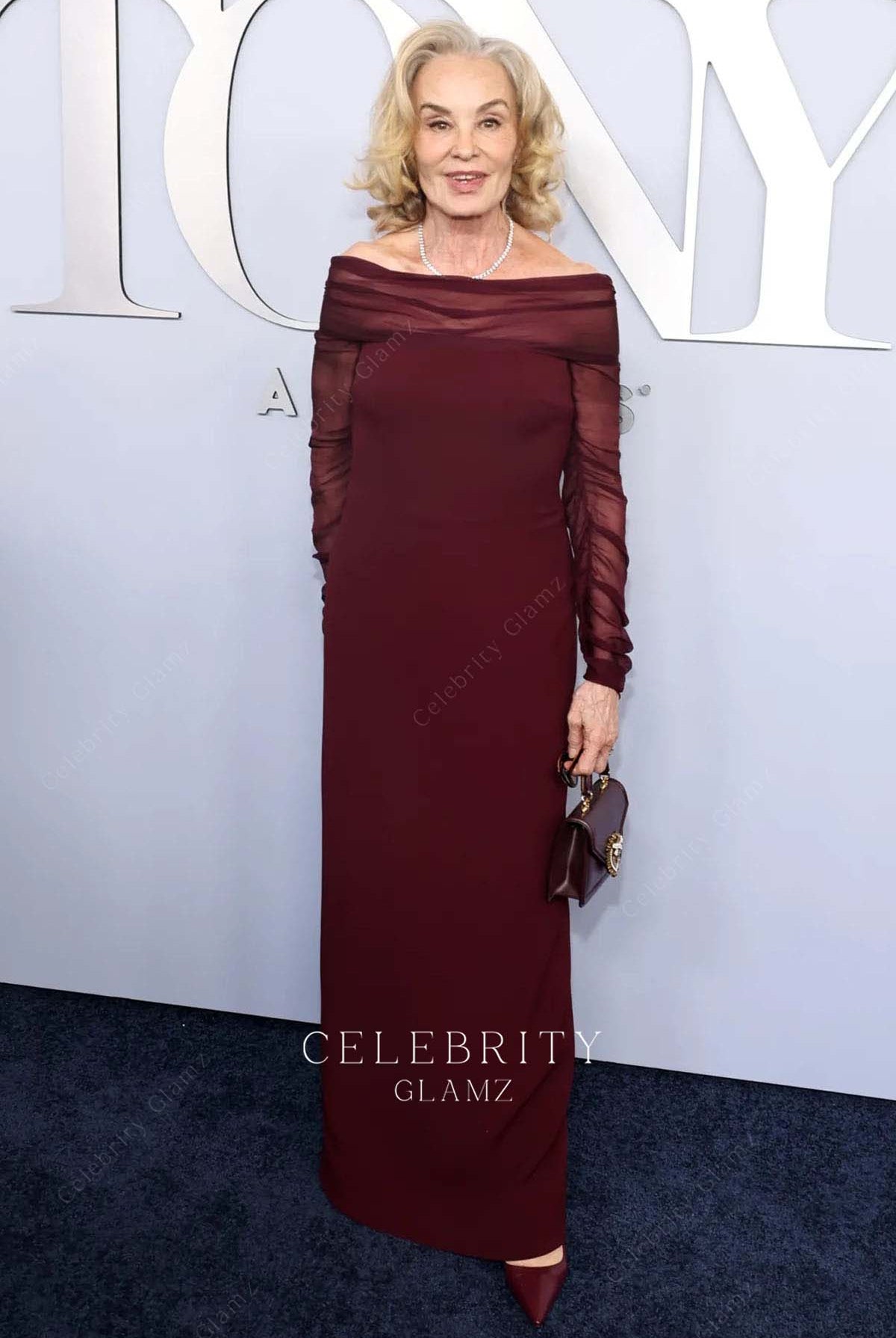 Jessica Lange burgundy long sleeves formal dress 2024 tony awards