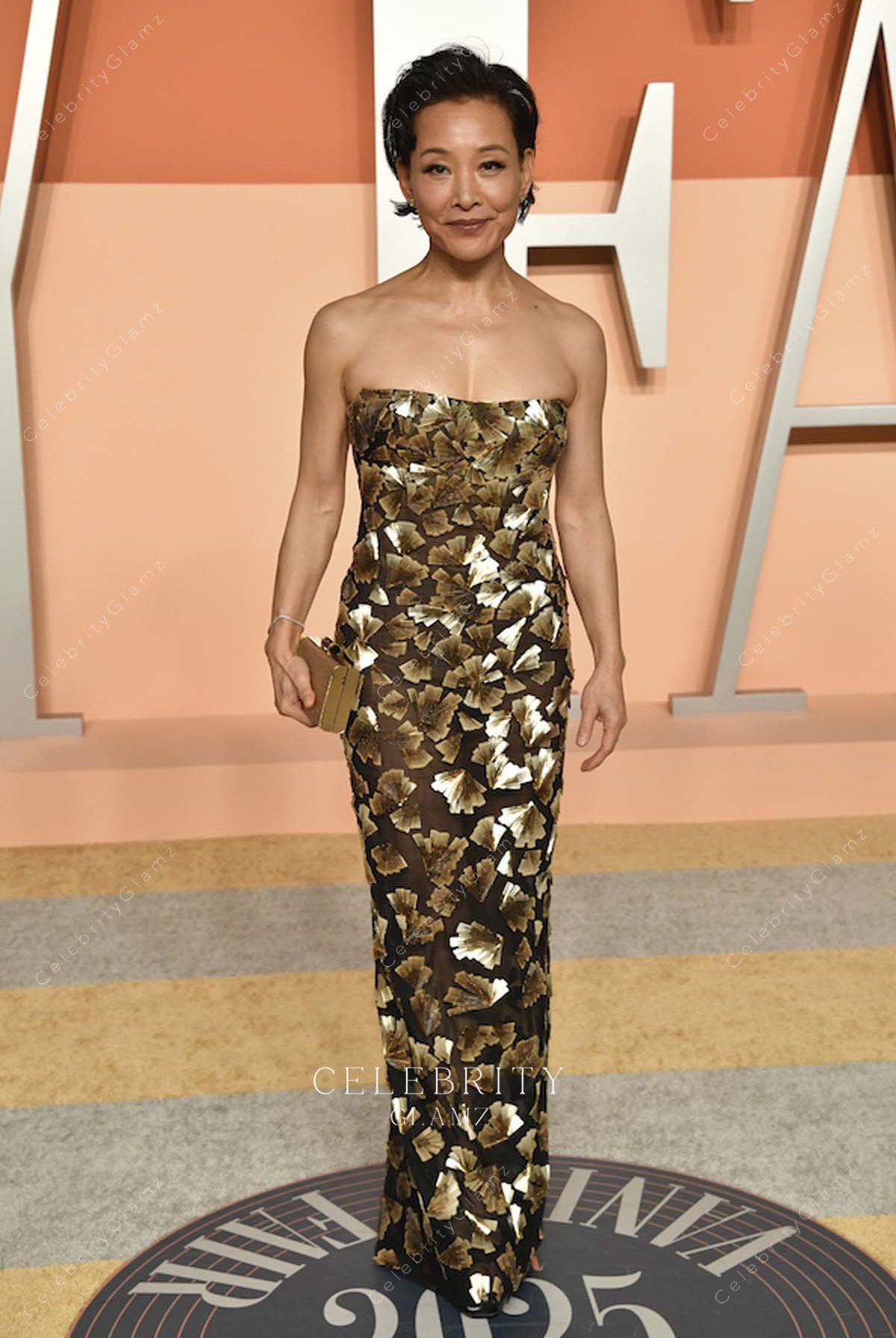 Joan Chen strapless 2025 Vanity Oscar Party column dress