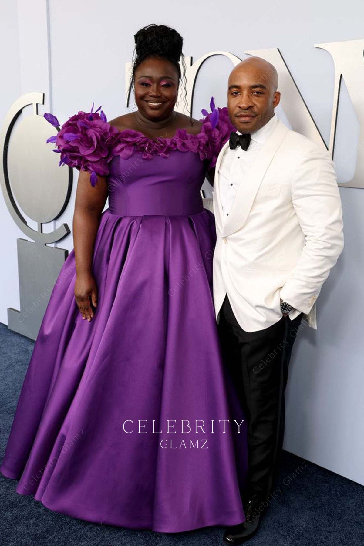 Jocelyn Bioh grape off shoulder prom dress 2024 Tony awards