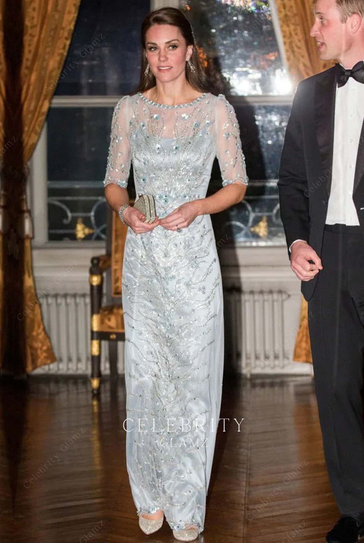 Kate aqua sheer sleeves dress British ambassador Paris trip 2017