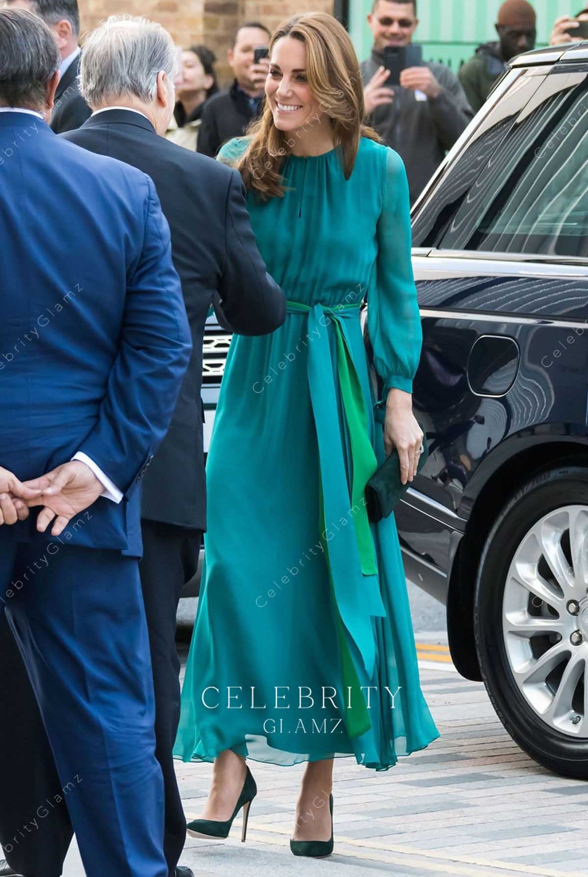 Kate blue green a line dress visit aga khan Centre 2019