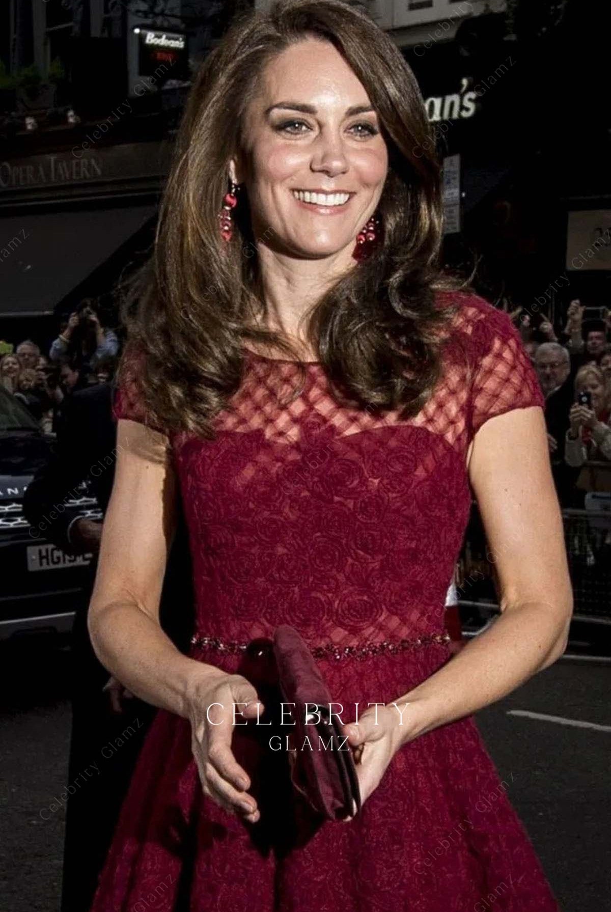 Kate burgundy short sleeve dress west end musical opening night 2017