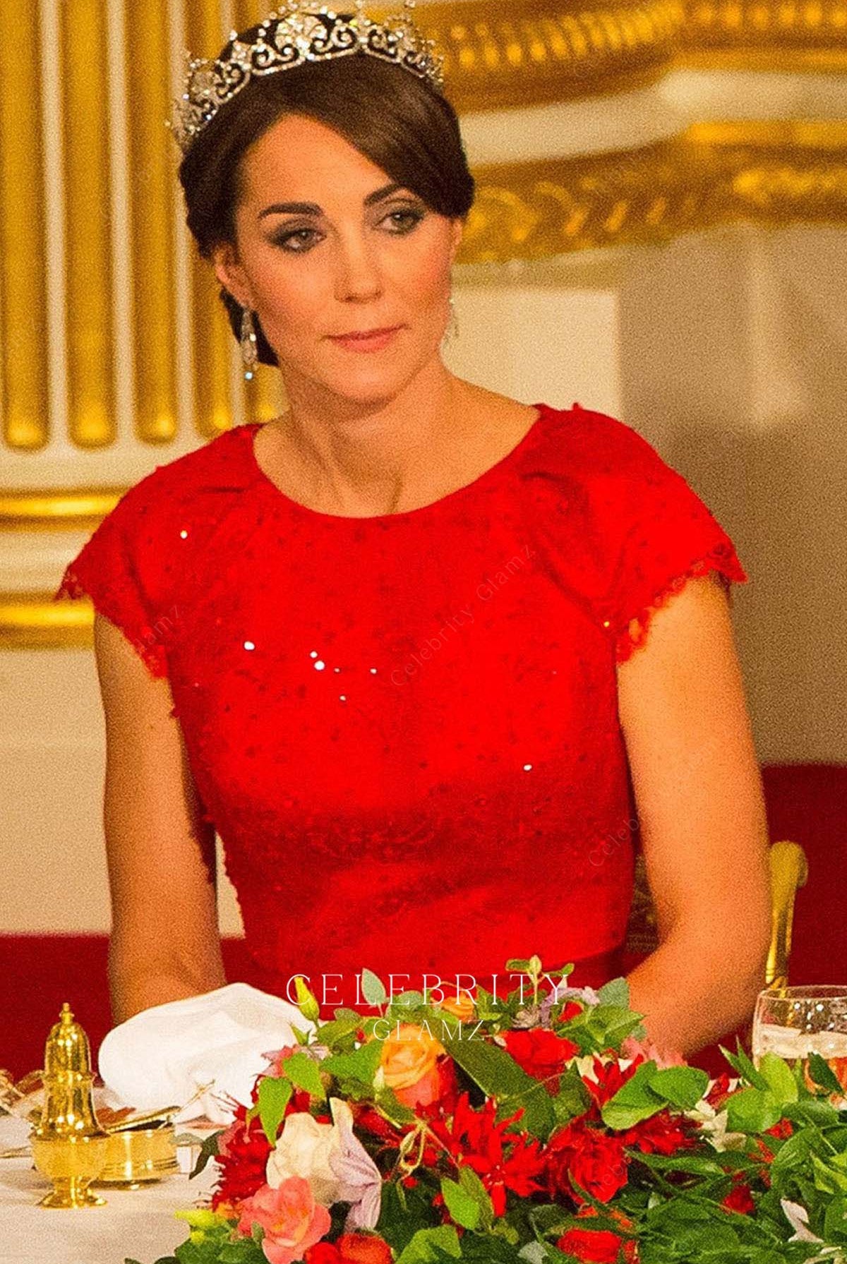 Kate glitter red formal gown reception diplomatic corps Buckingham palace 2016