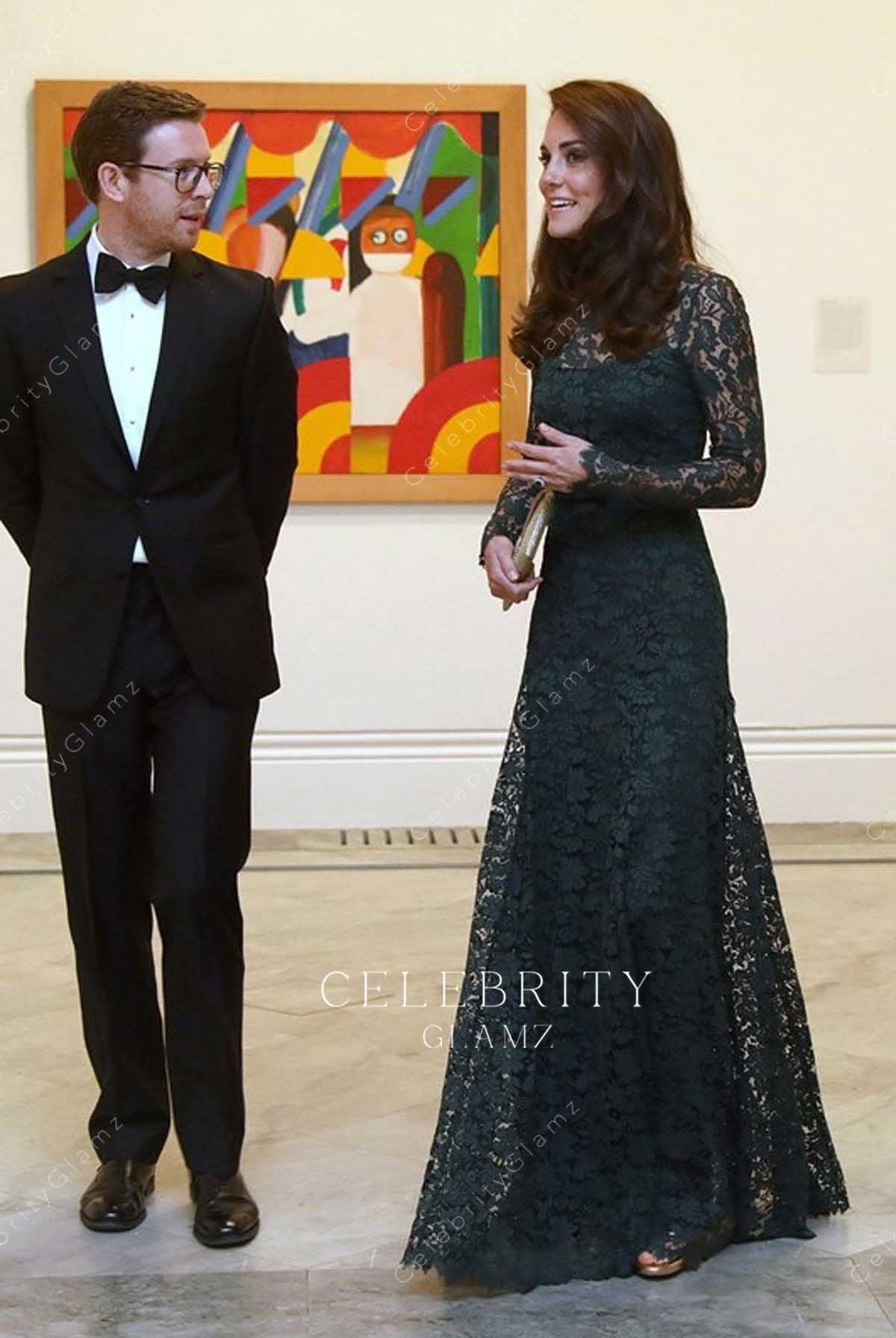 Kate Middleton dark green lace long celebrity dress