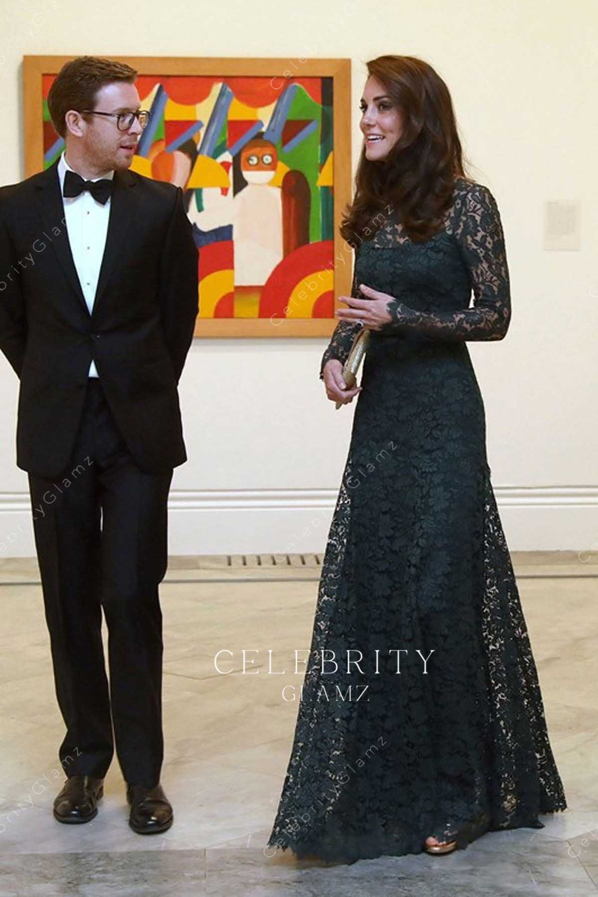 Kate Middleton dark green lace long celebrity dress
