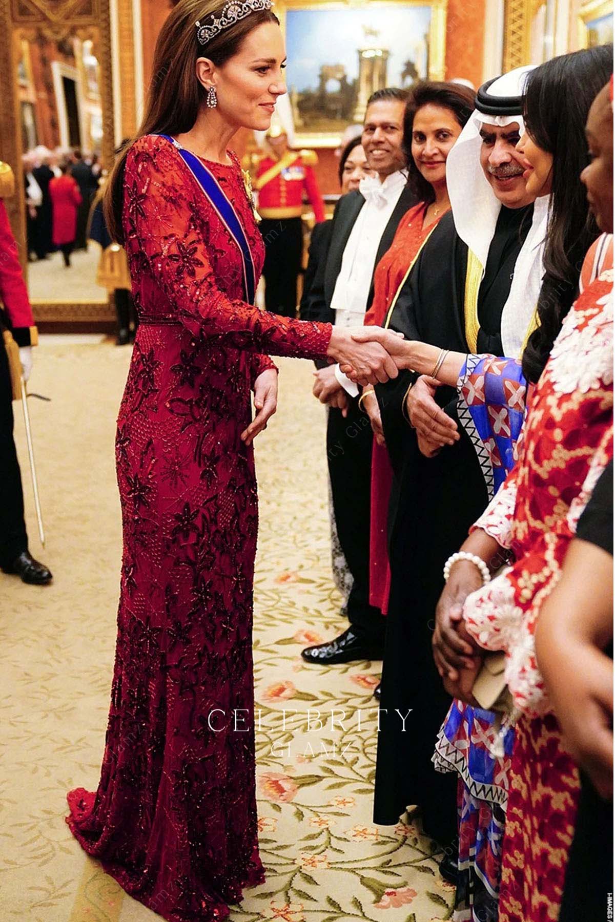 Kate Middleton red fit flare gown diplomatic reception dress 2022