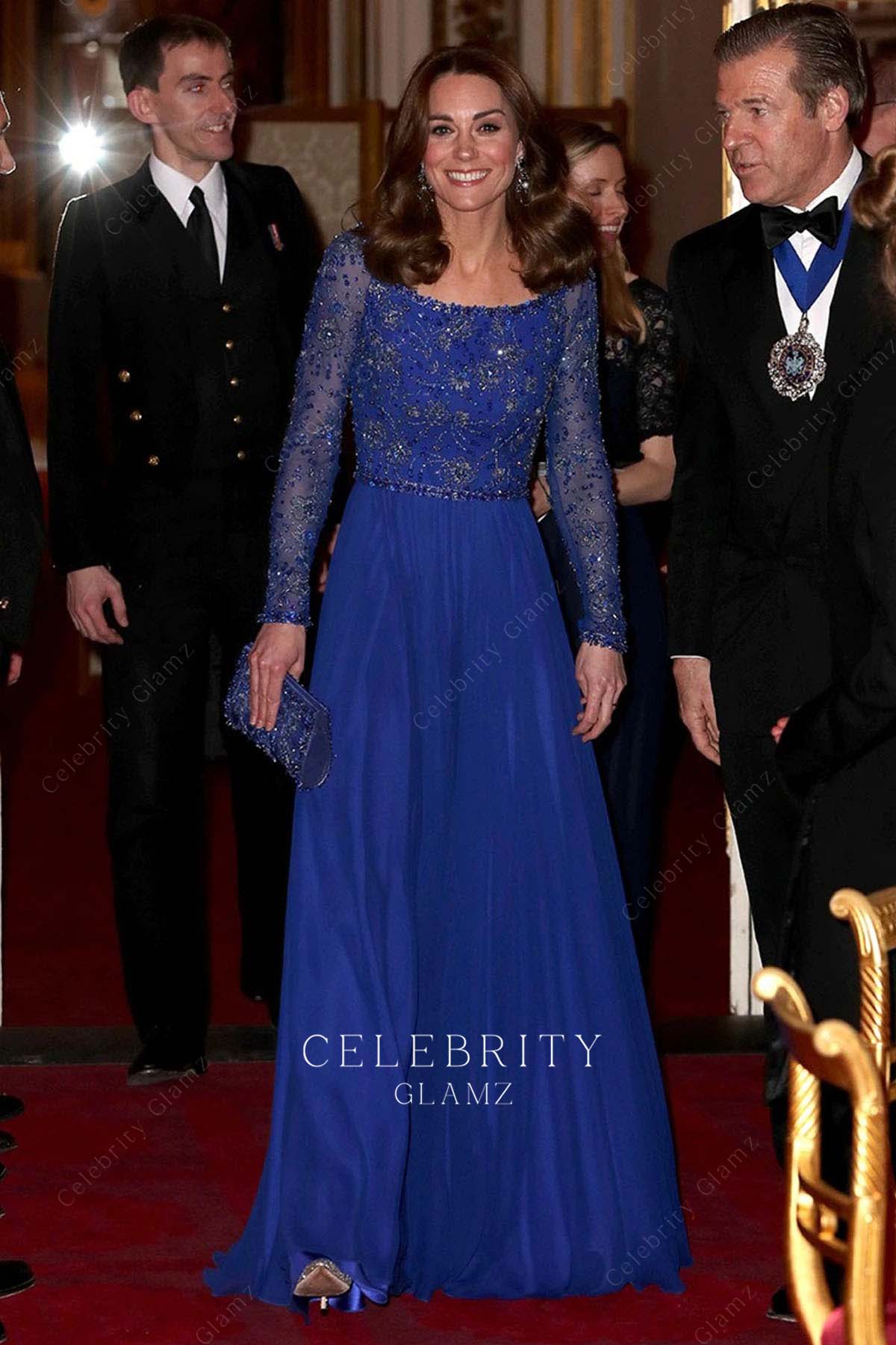 Kate Middleton royal blue a line gown charity event Buckingham palace 2016
