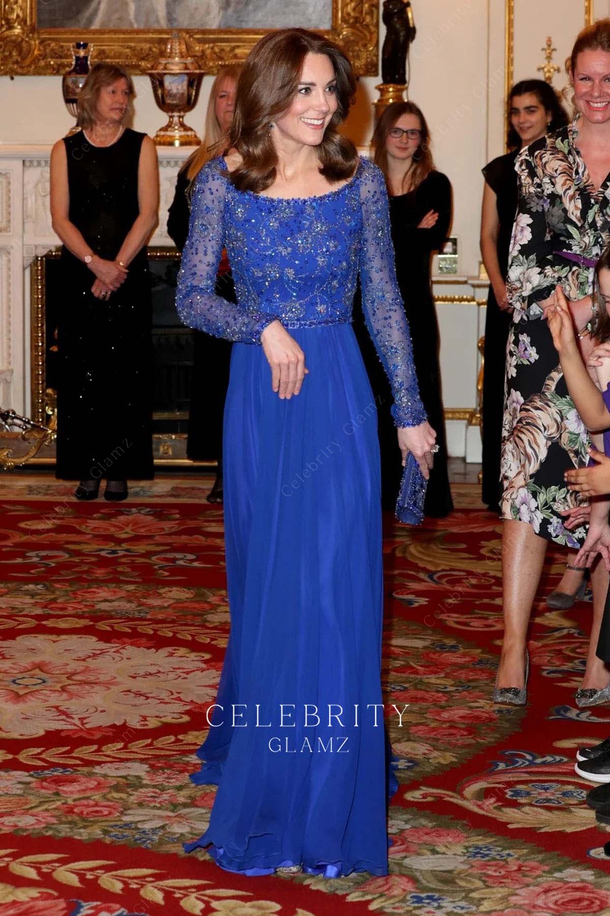 Kate Middleton royal blue scoop neck formal dress dinner 25th anniversary place2be 2020