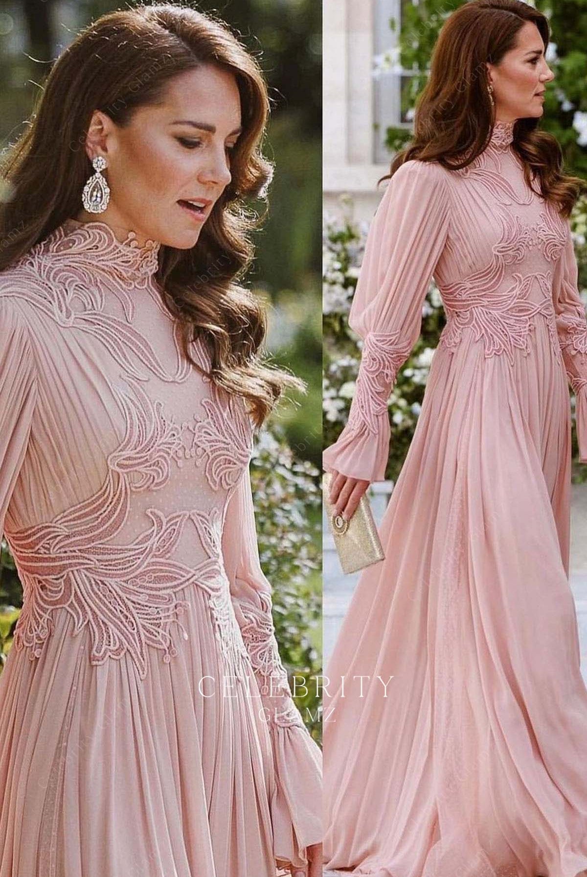 Kate pink lace appliques formal dress Jordan royal wedding 2023