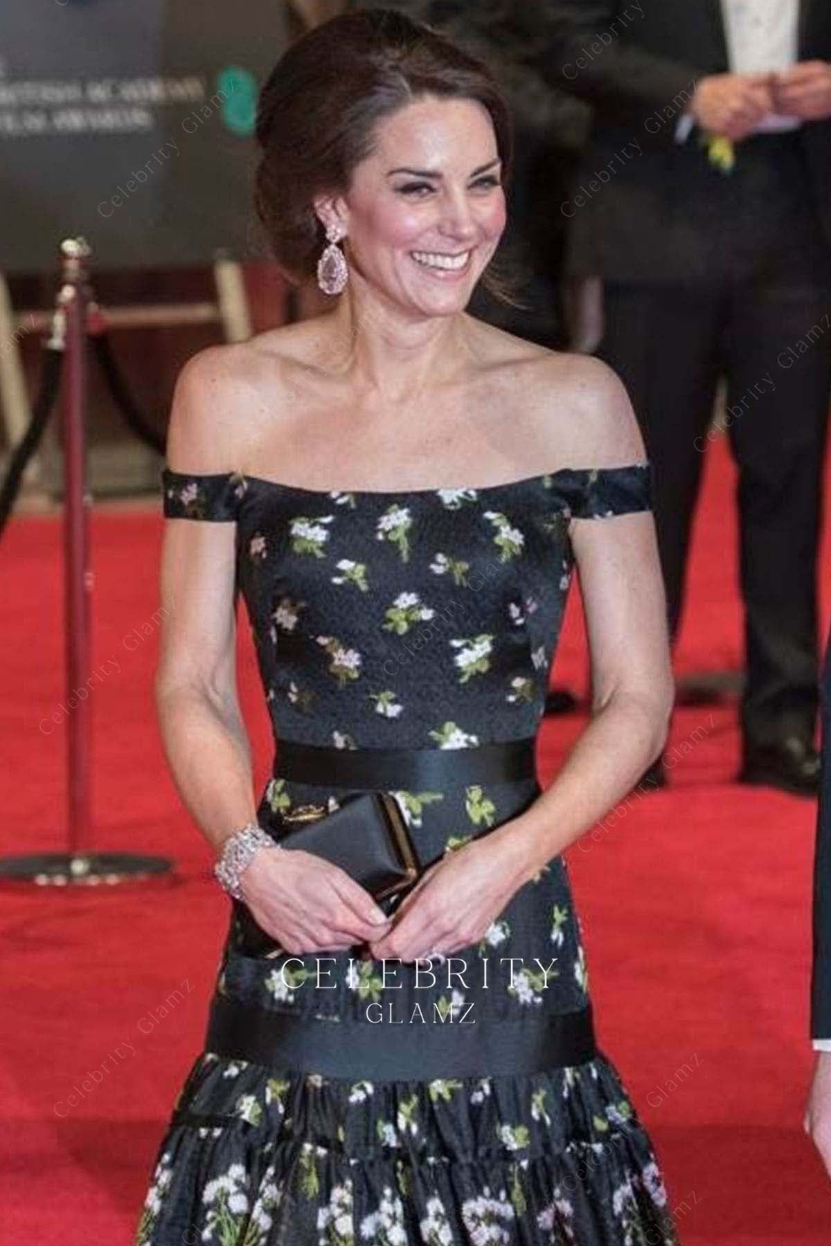 Kate print off shoulder evening dress British royal academy film awards 2017