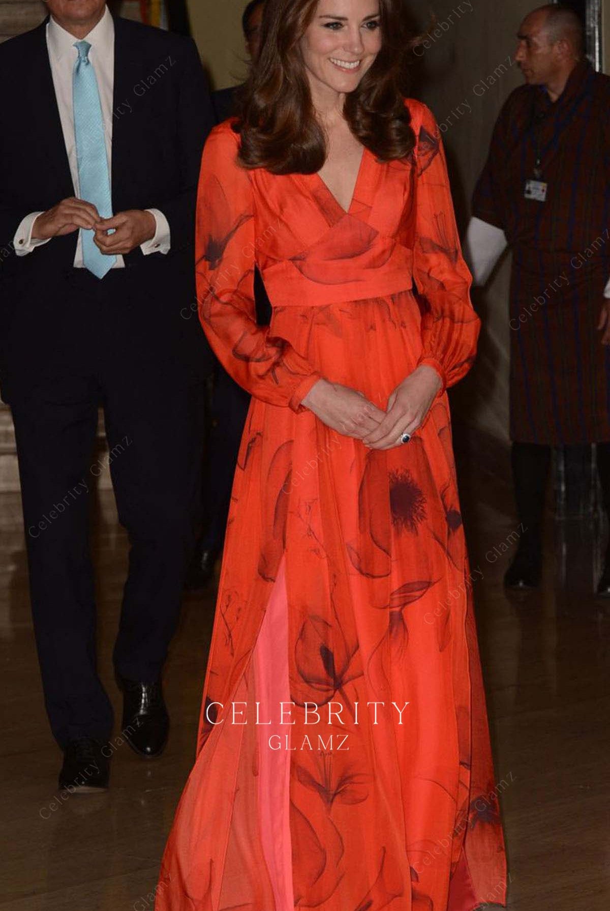 Kate Middleton printed formal dress reception Bhutan 2016