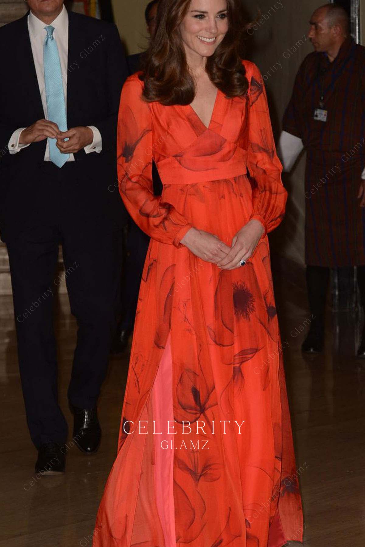 Kate Middleton printed formal dress reception Bhutan 2016