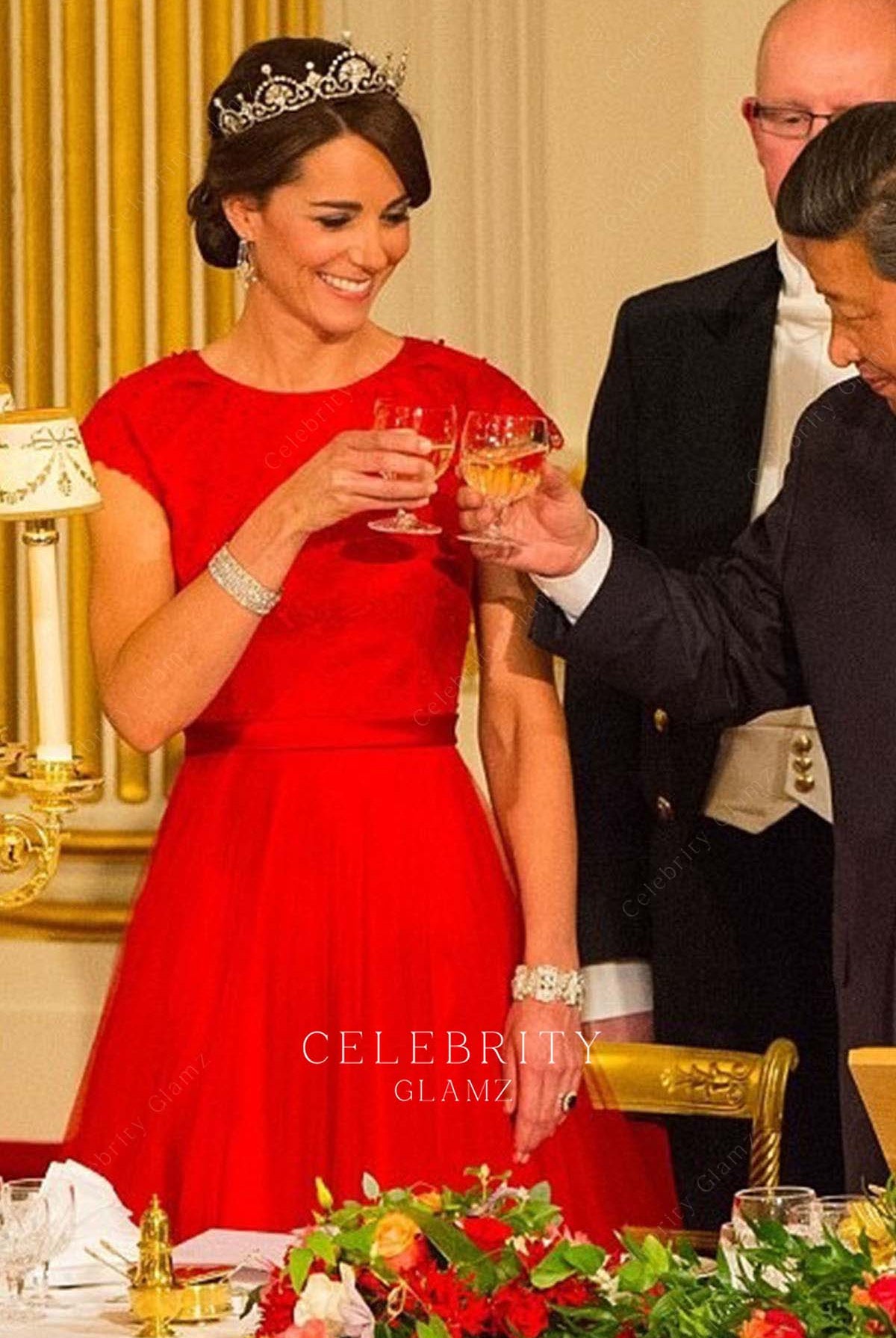 Kate red cap sleeve formal dress reception diplomatic corps Buckingham palace 2016