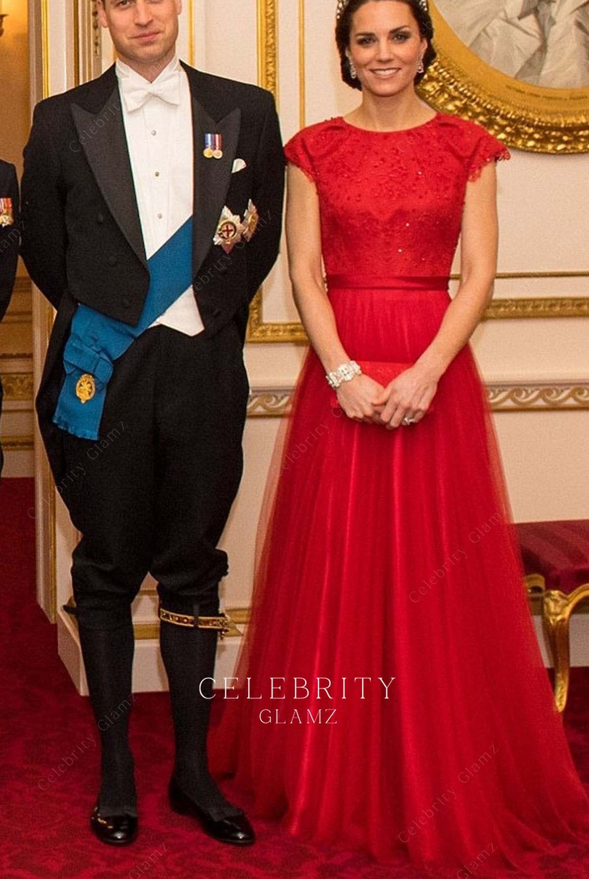 Kate red tulle a line formal dress reception diplomatic corps Buckingham palace 2016