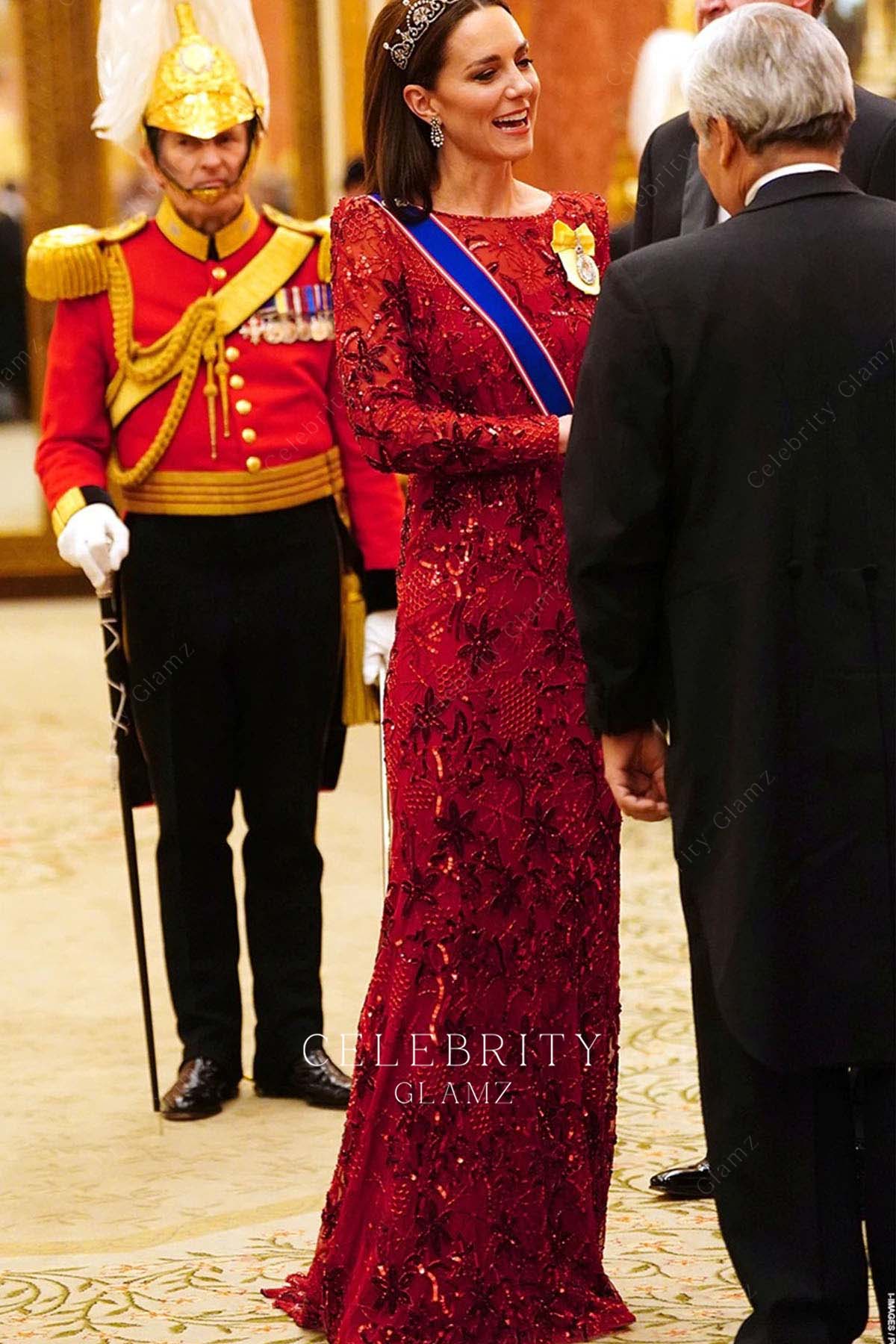 Kate sparkles Sabrina neck formal dress diplomatic reception 2022